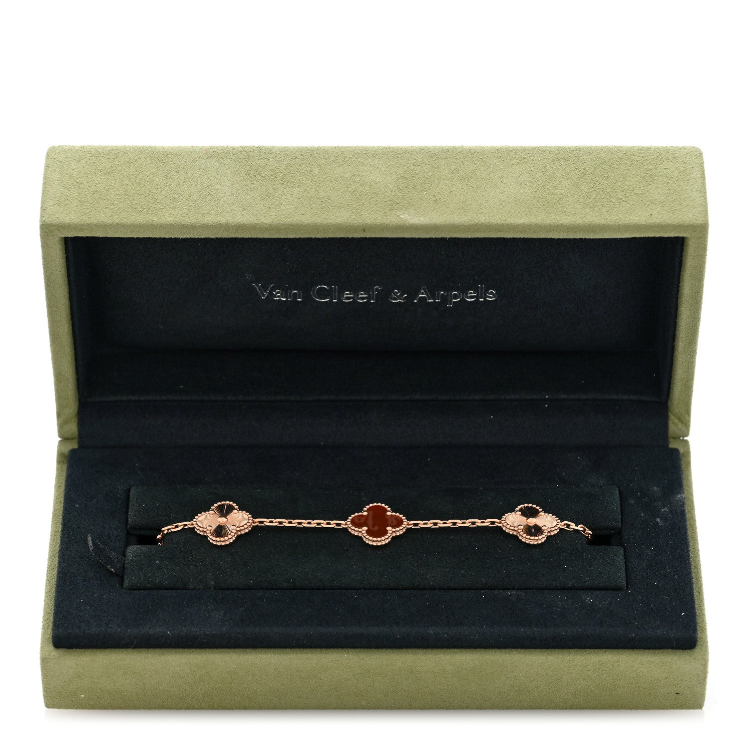 18K Rose Gold Carnelian 5 Motifs Guilloche Vintage Alhambra Bracelet — view 4