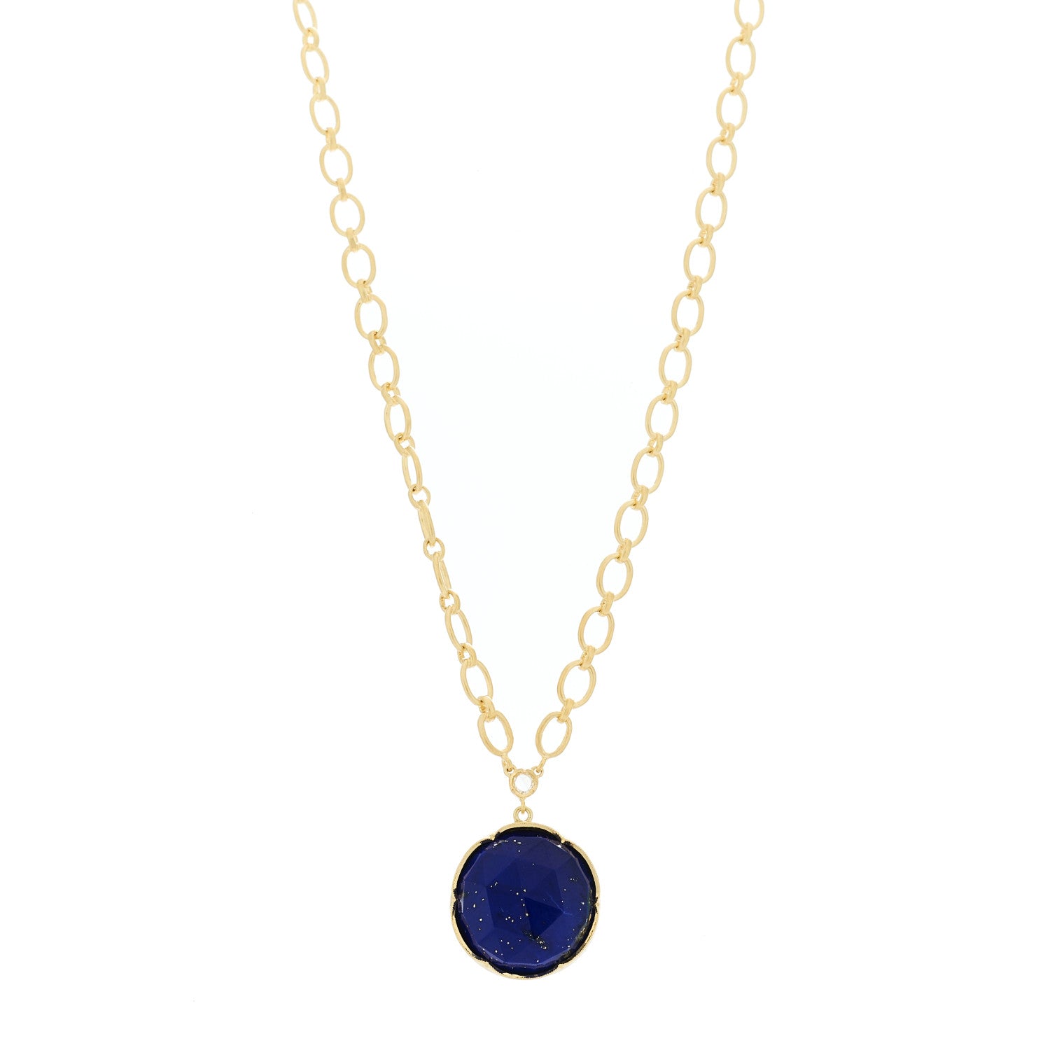 18K Yellow Gold Diamond Lapis Lazuli Oval Link Large Pendant Necklace