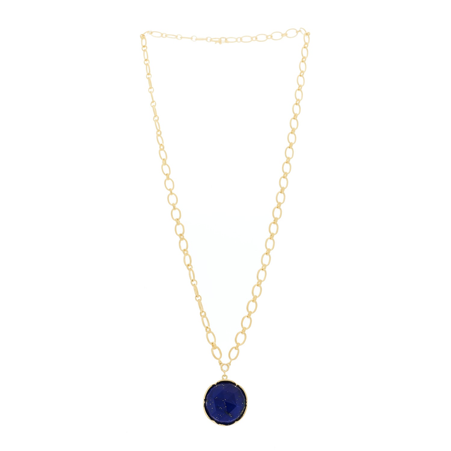 18K Yellow Gold Diamond Lapis Lazuli Oval Link Large Pendant Necklace — view 3