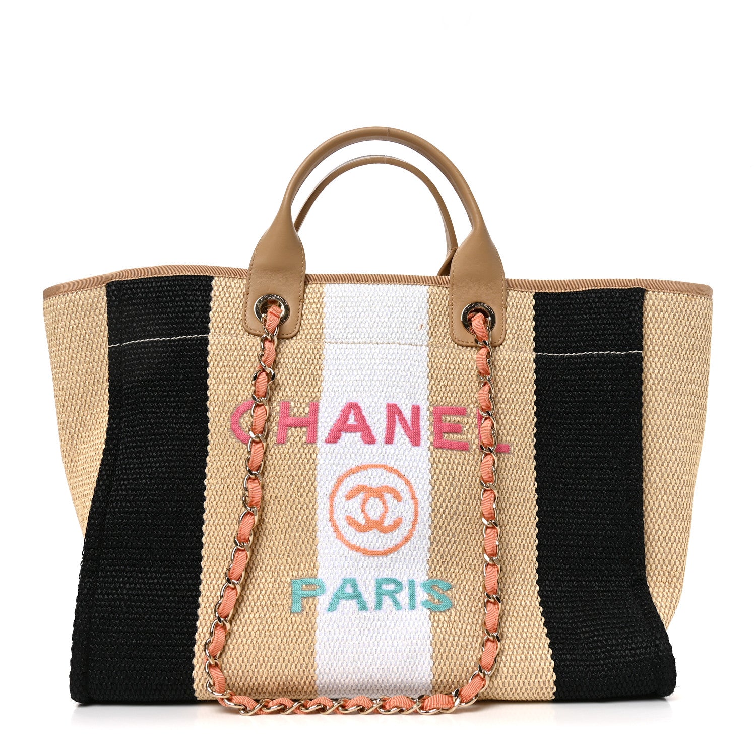 Straw Raffia Calfskin Striped Medium Deauville Tote Black Beige Ivory