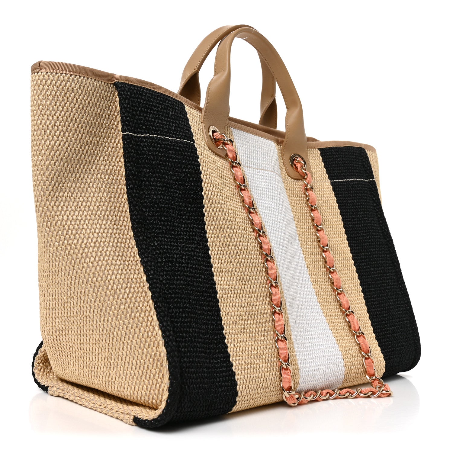 Straw Raffia Calfskin Striped Medium Deauville Tote Black Beige Ivory — view 3