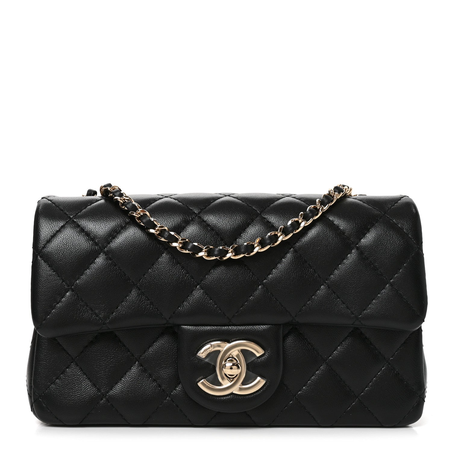 Lambskin Quilted Mini Rectangular CC Slide Flap Black