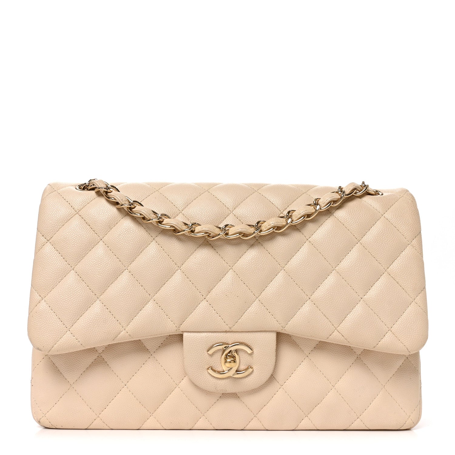 Caviar Quilted Jumbo Double Flap Beige Clair