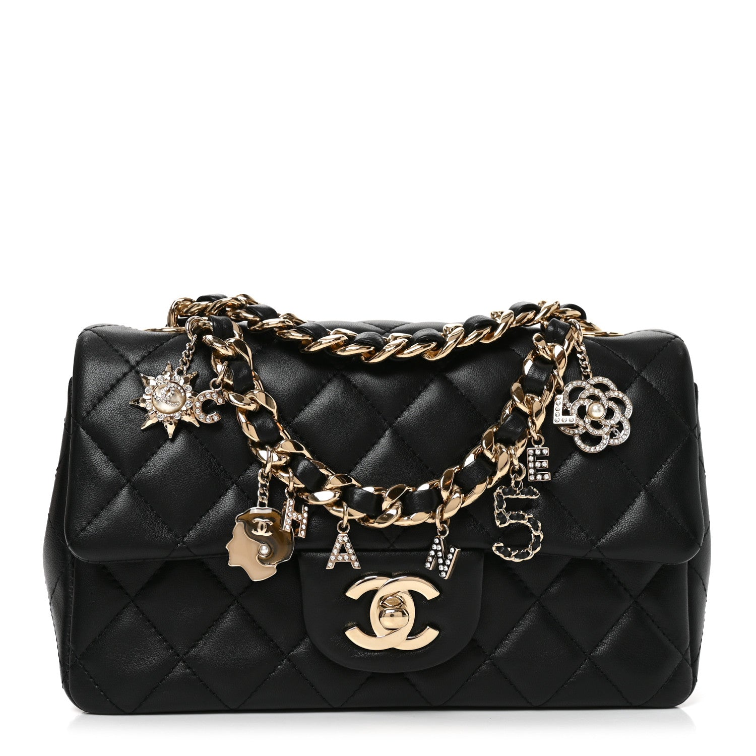 Lambskin Quilted Mini Coco Charms Rectangular Flap Black