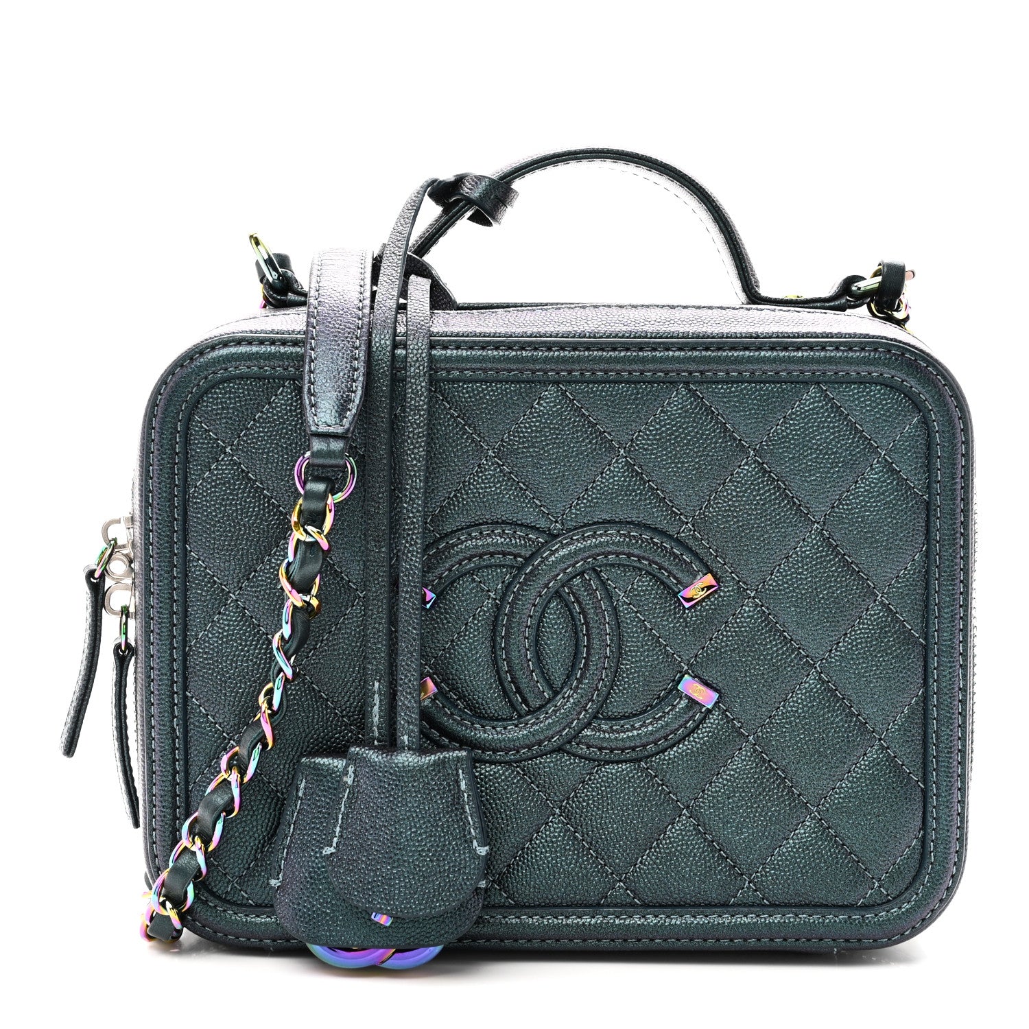 Iridescent Caviar Quilted Medium CC Filigree Vanity Case Dark Turquoise