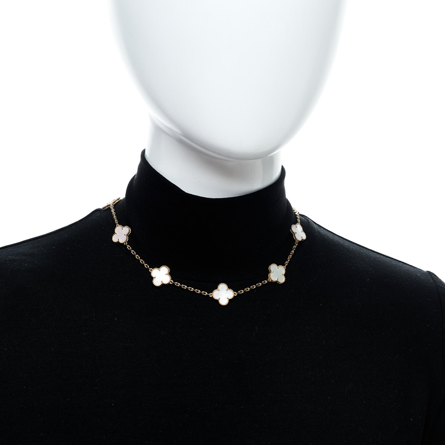 18K Yellow Gold Mother of Pearl 10 Motifs Vintage Alhambra Necklace — view 2