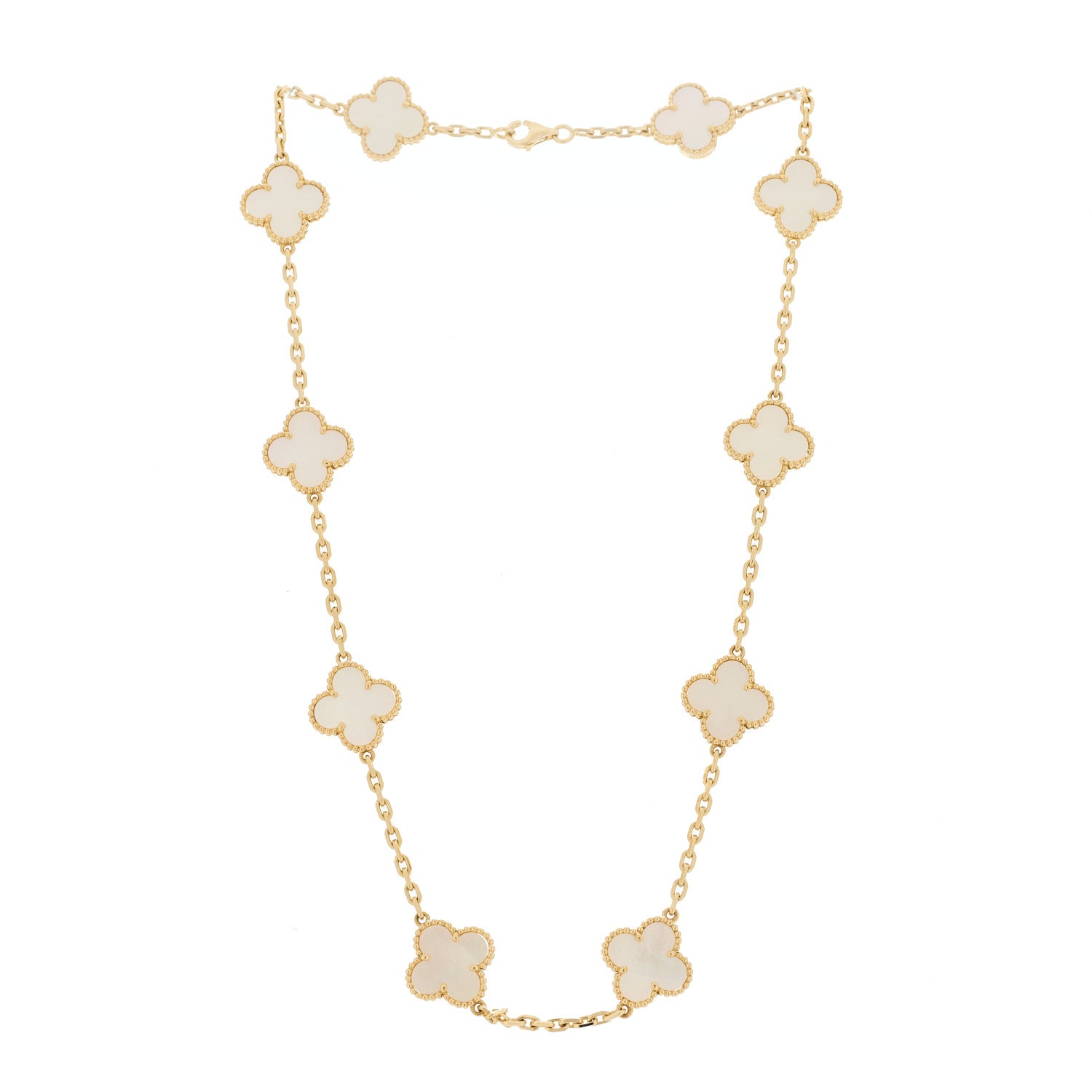 18K Yellow Gold Mother of Pearl 10 Motifs Vintage Alhambra Necklace — view 3