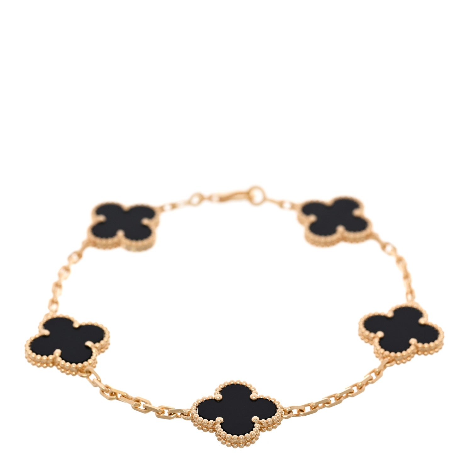 18K Yellow Gold Black Onyx 5 Motifs Vintage Alhambra Bracelet