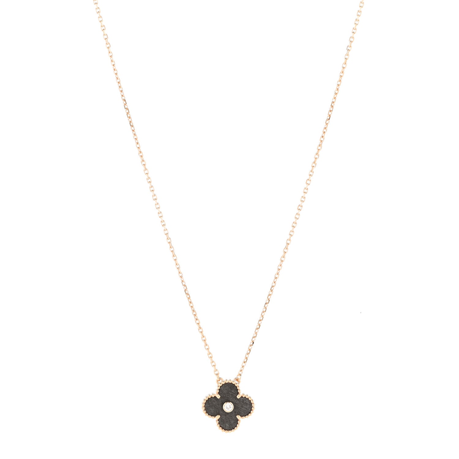 18K Rose Gold Diamond Silver Obsidian Vintage Alhambra Pendant Necklace