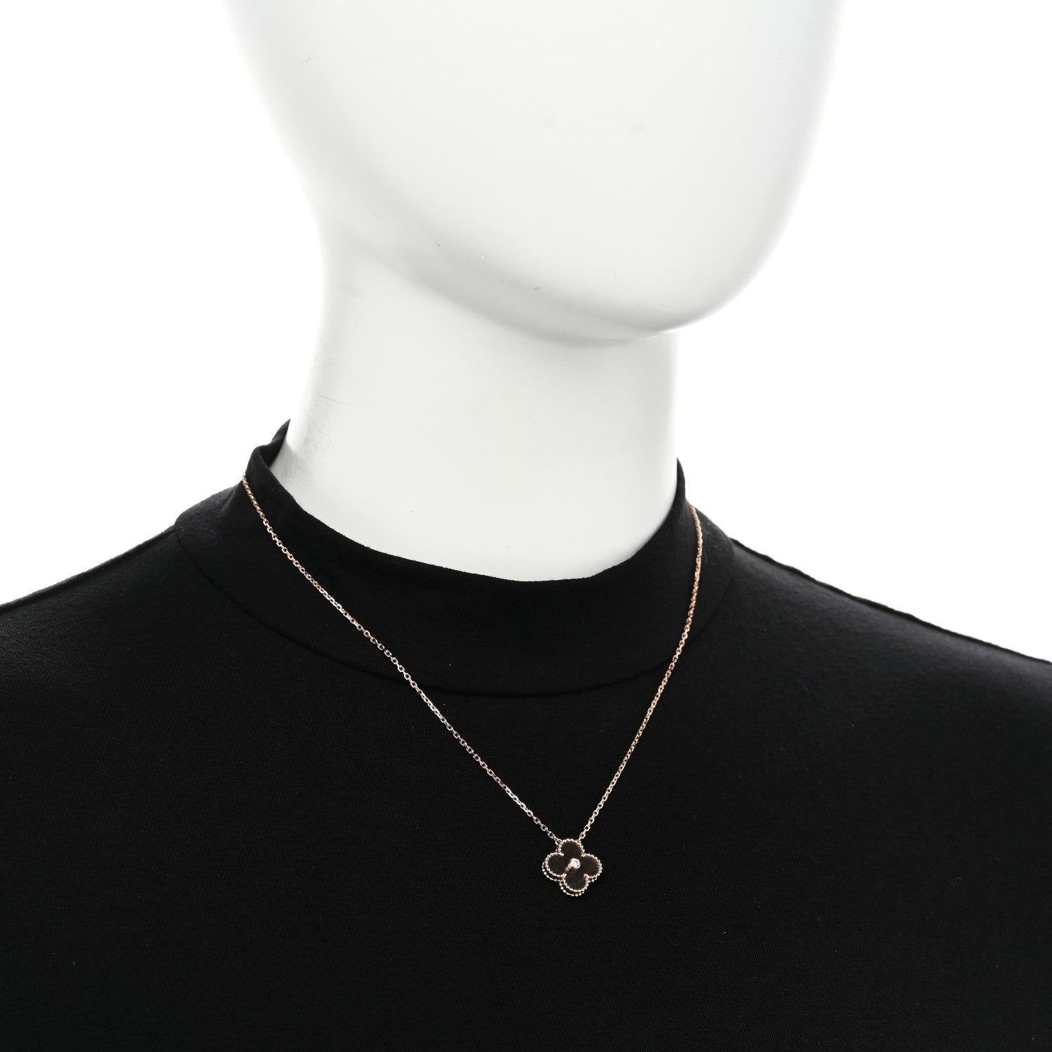 18K Rose Gold Diamond Silver Obsidian Vintage Alhambra Pendant Necklace — view 2
