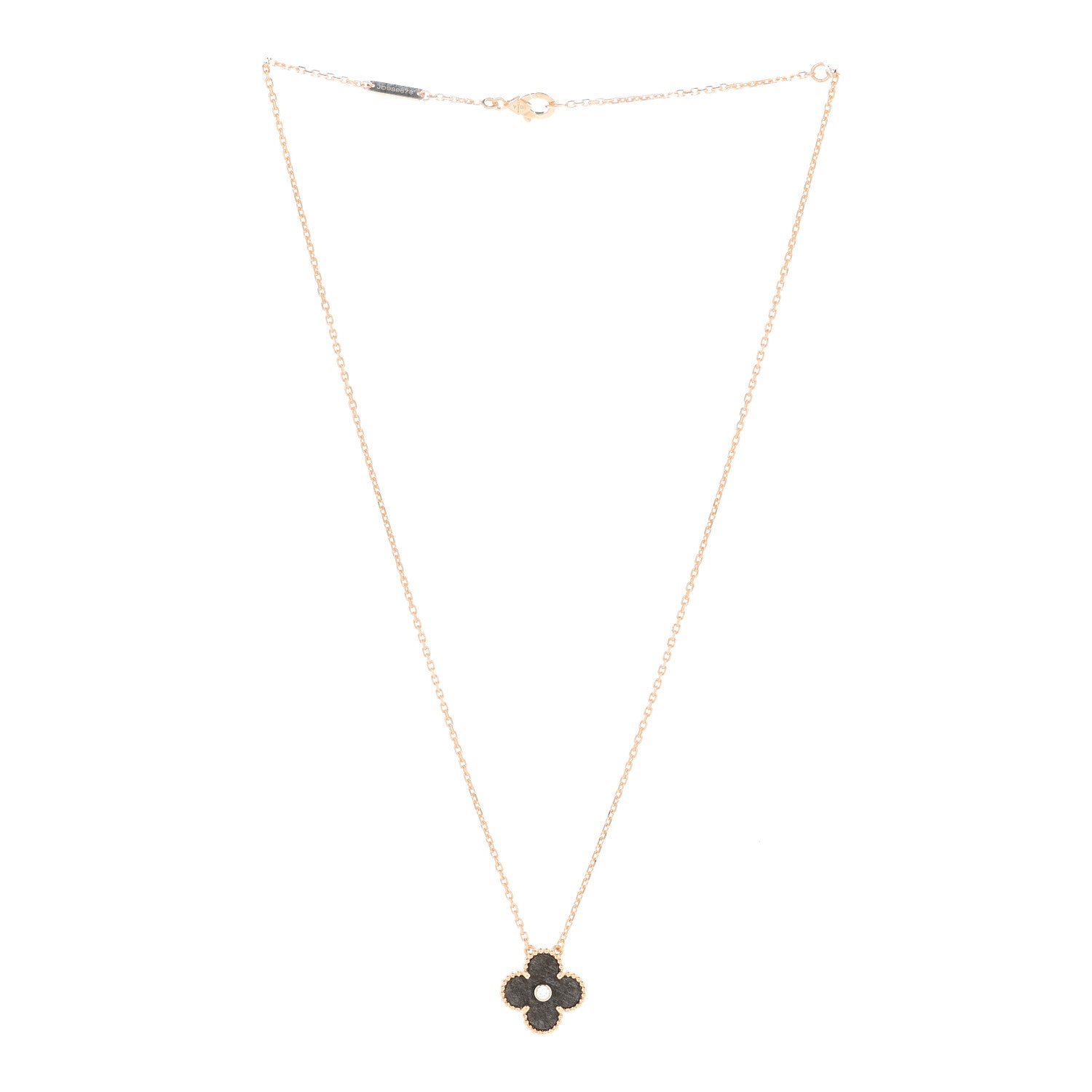 18K Rose Gold Diamond Silver Obsidian Vintage Alhambra Pendant Necklace — view 3