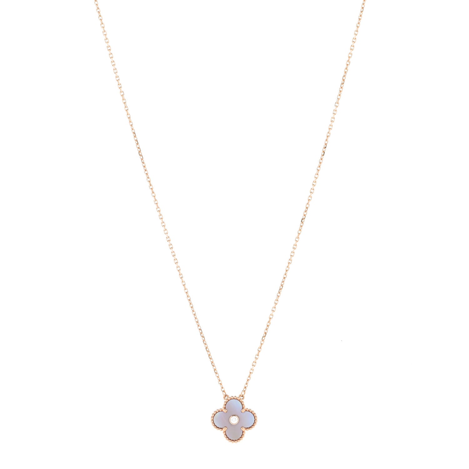 18K Rose Gold Diamond Pink Mother of Pearl Vintage Alhambra Pendant Necklace