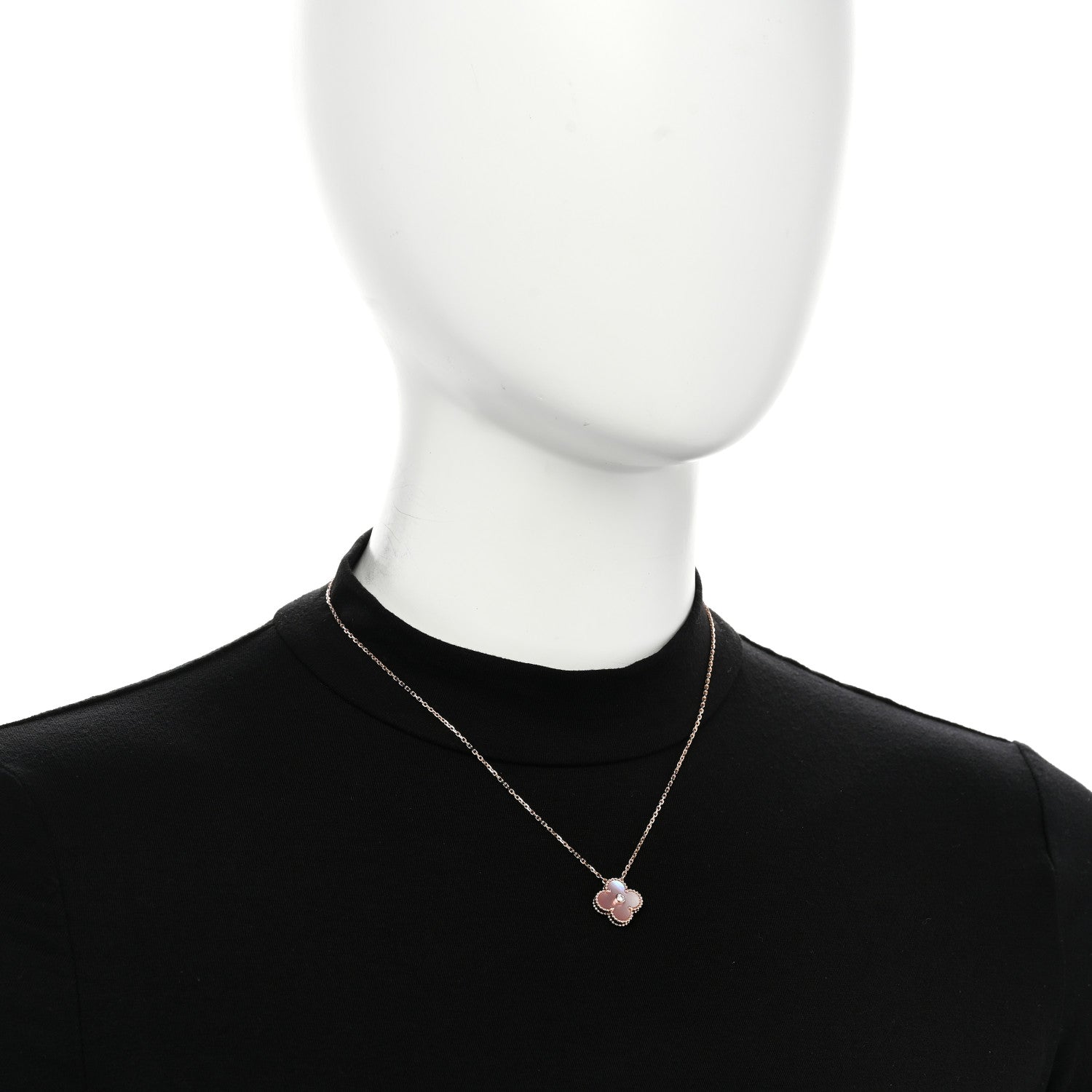 18K Rose Gold Diamond Pink Mother of Pearl Vintage Alhambra Pendant Necklace — view 2