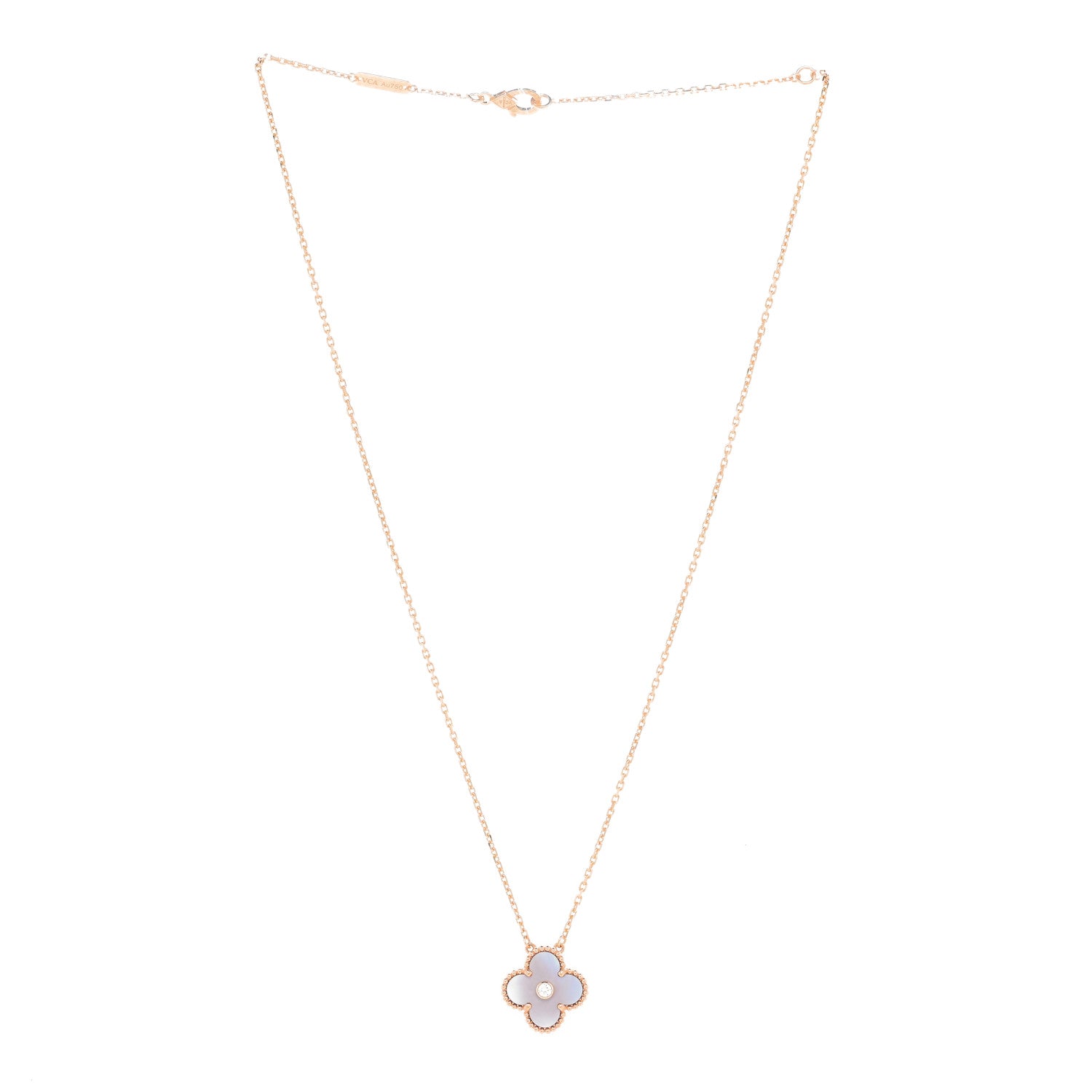 18K Rose Gold Diamond Pink Mother of Pearl Vintage Alhambra Pendant Necklace — view 3