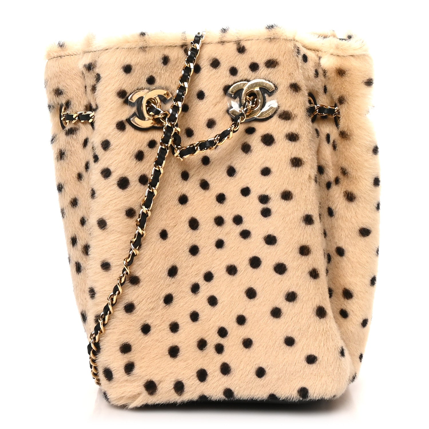 Pony Hair Cheetah Printed CC Chain Bucket Bag Light Beige Black