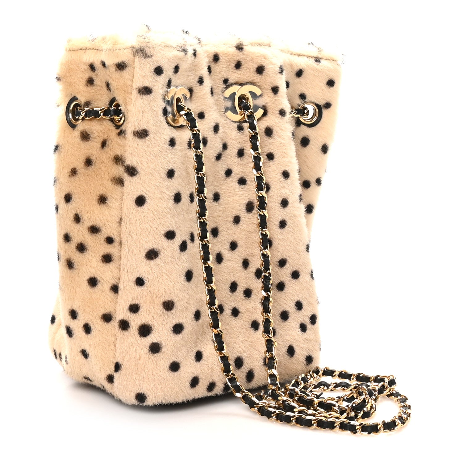 Pony Hair Cheetah Printed CC Chain Bucket Bag Light Beige Black — view 2