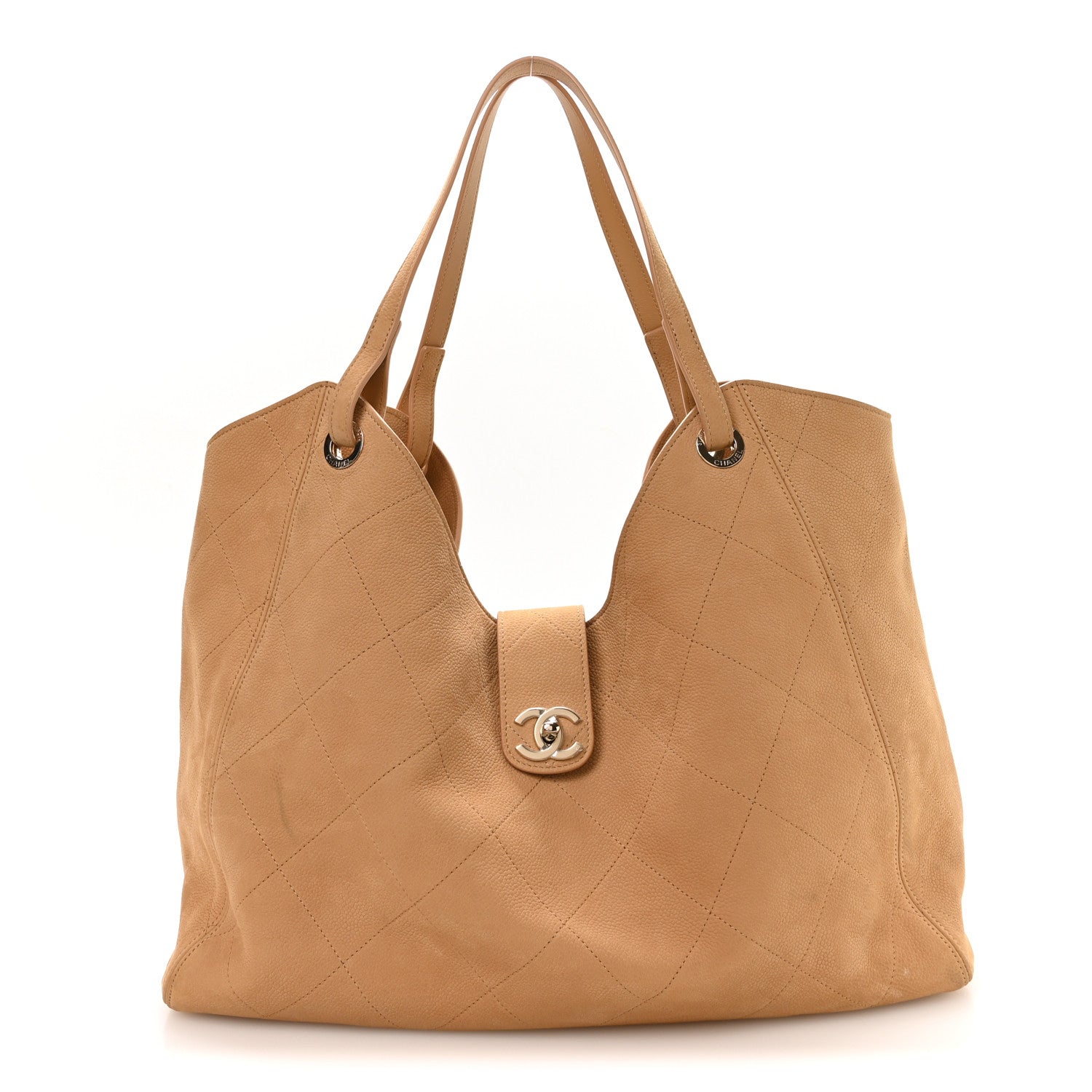 Grained Nubuck Calfskin Quilted Maxi Shopping Bag Beige
