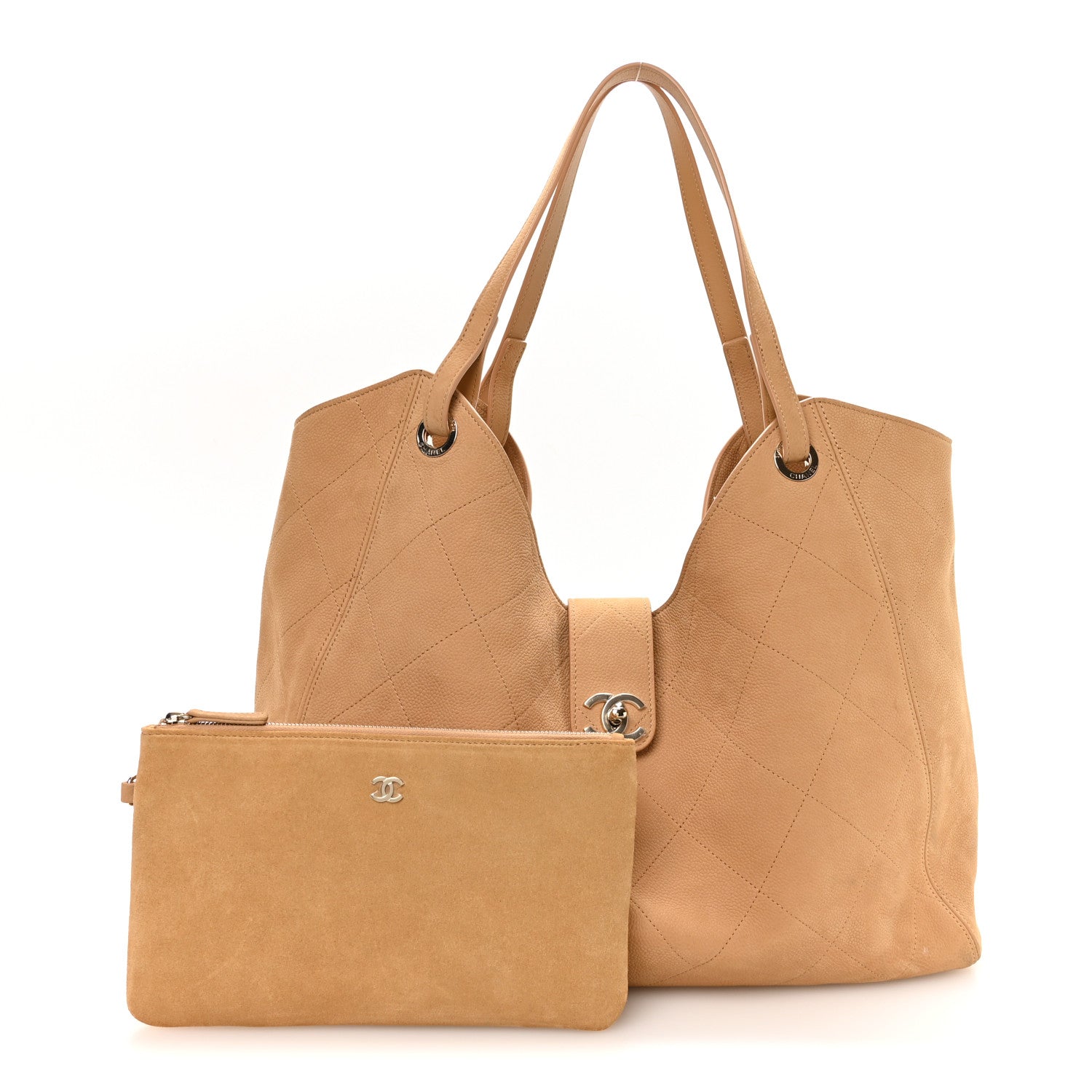 Grained Nubuck Calfskin Quilted Maxi Shopping Bag Beige — view 2