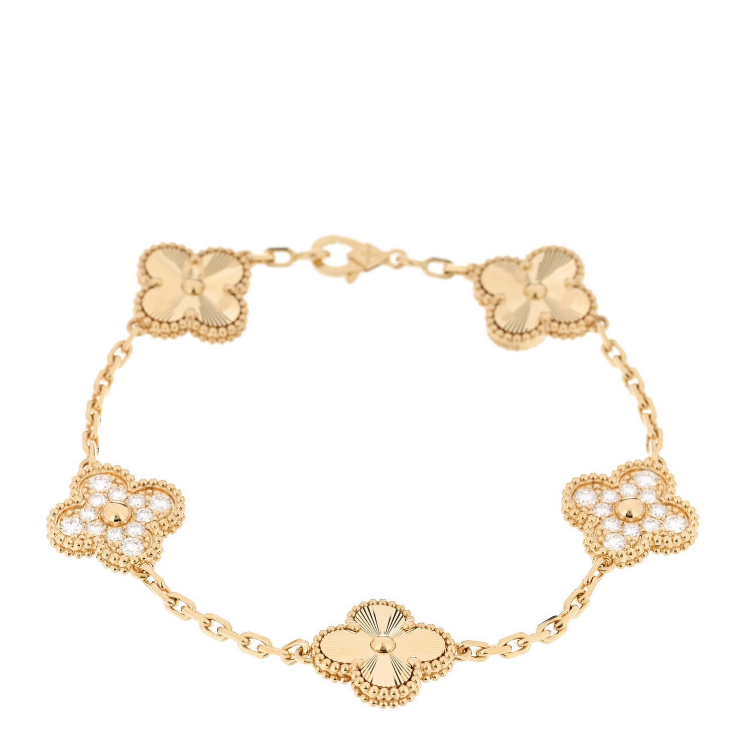 18K Yellow Gold Diamond 5 Motifs Guilloche Vintage Alhambra Bracelet