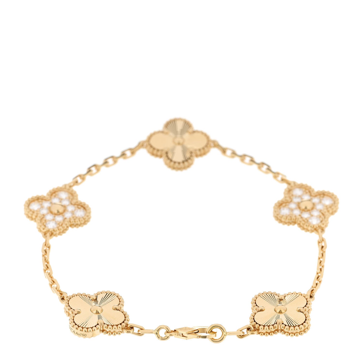 18K Yellow Gold Diamond 5 Motifs Guilloche Vintage Alhambra Bracelet — view 2