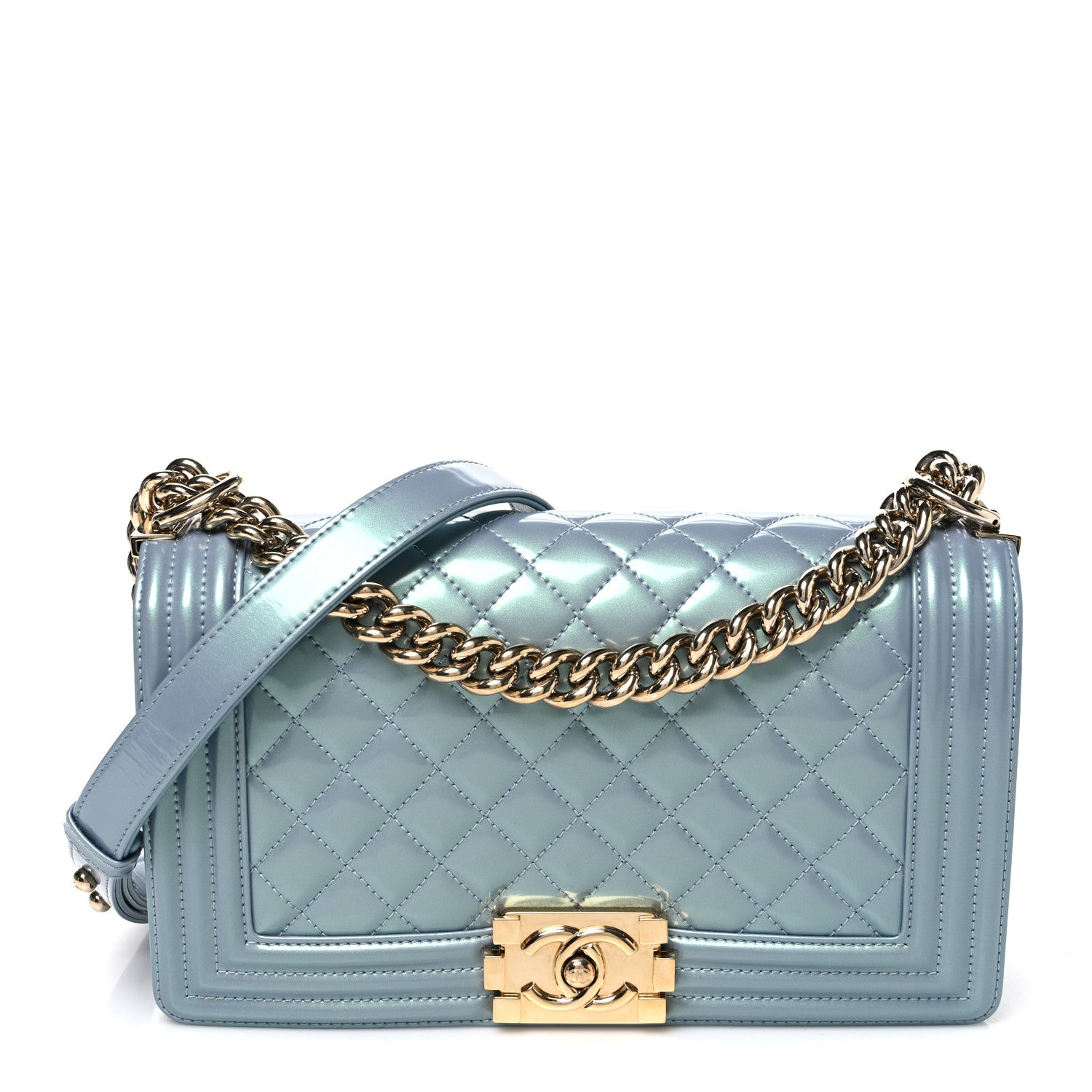 Iridescent Patent Calfskin Quilted Medium Boy Flap Light Blue