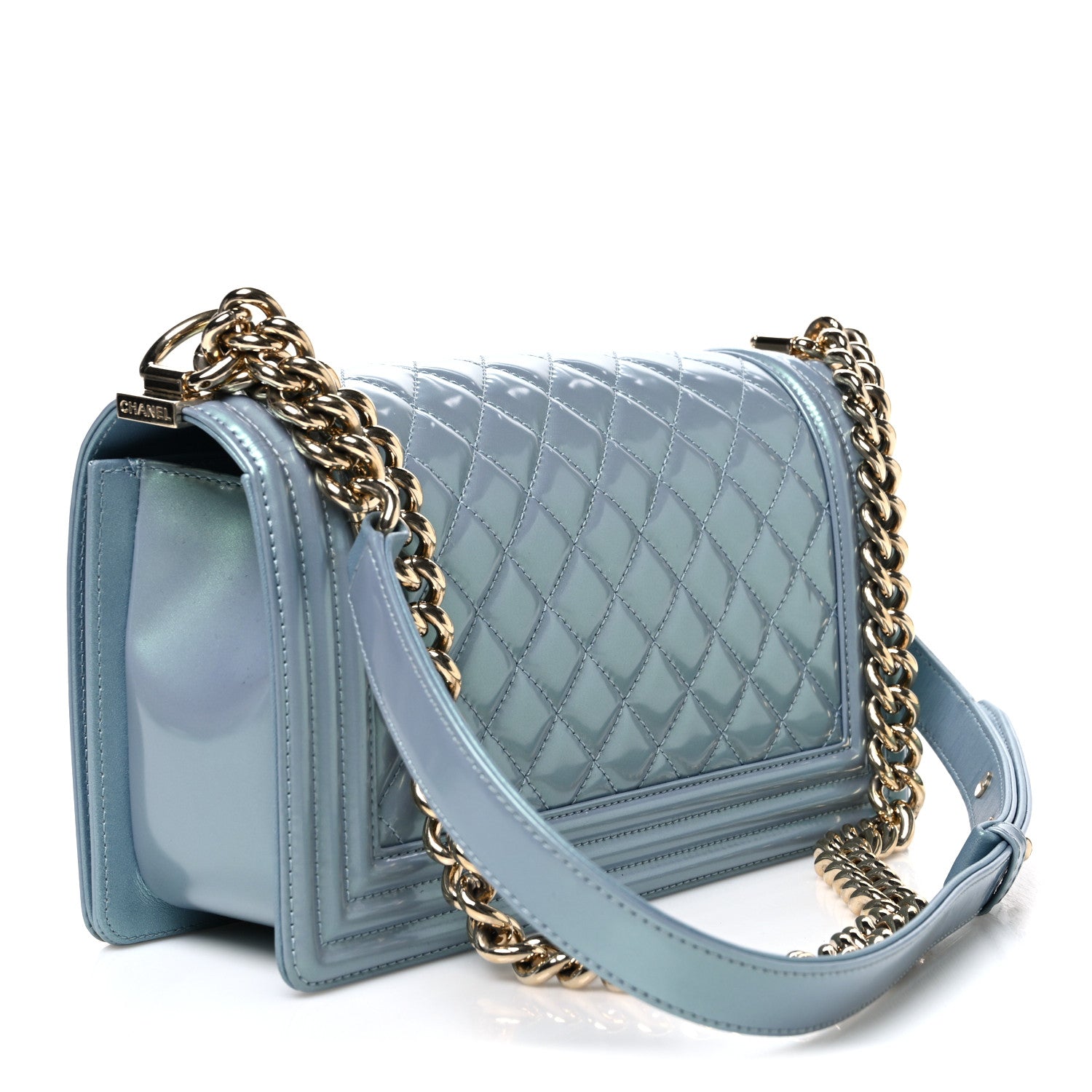 Iridescent Patent Calfskin Quilted Medium Boy Flap Light Blue — view 2