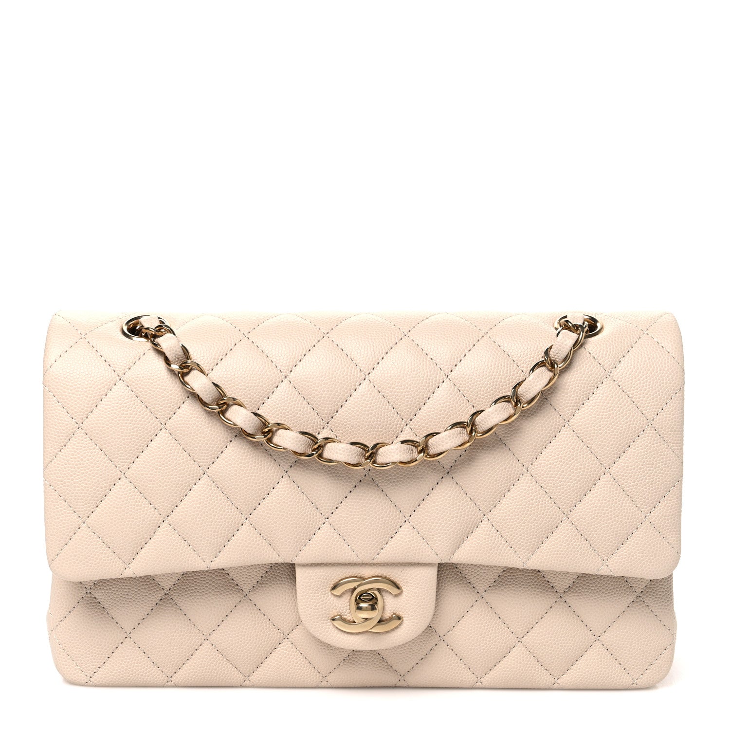 Caviar Quilted Medium Double Flap Ecru