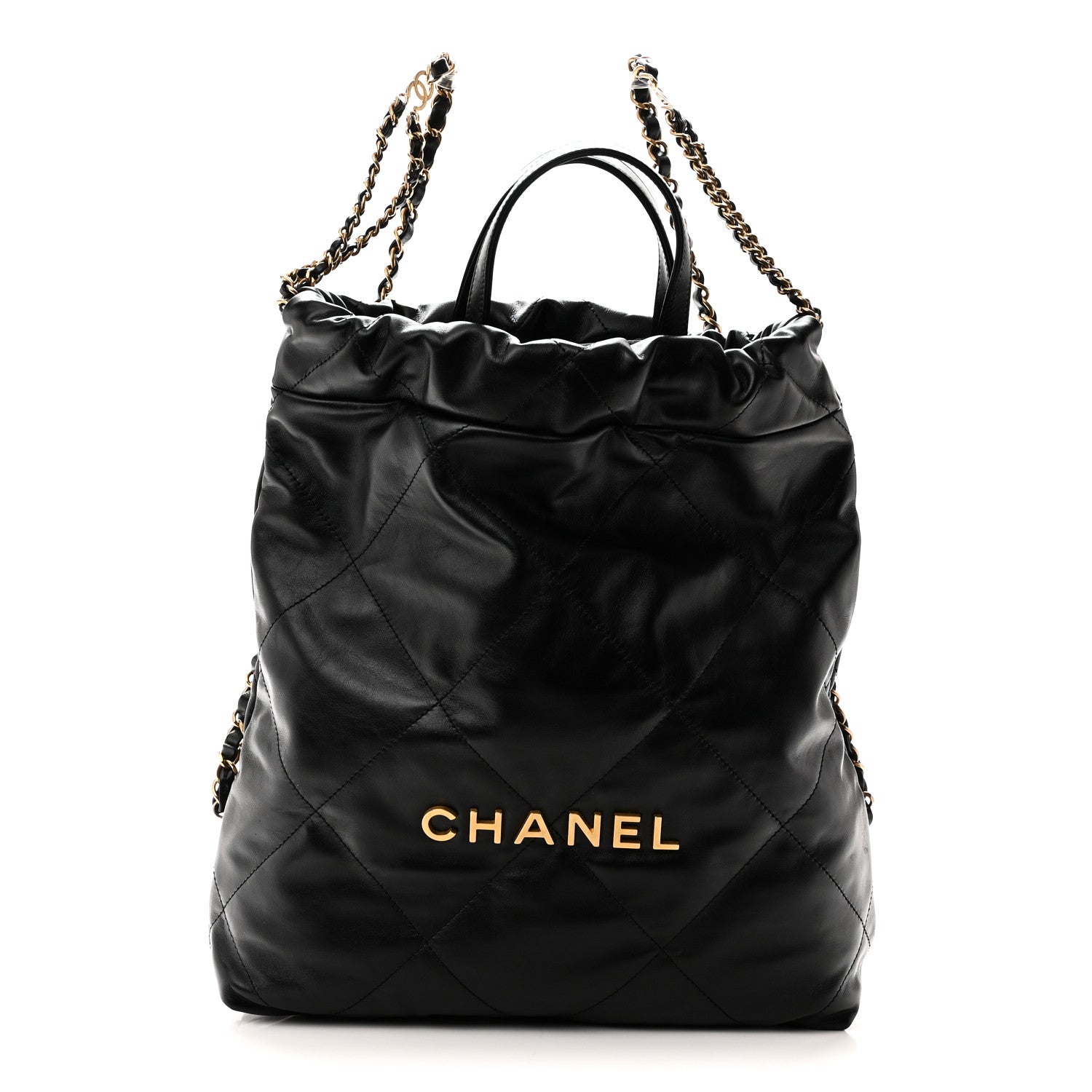 Shiny Calfskin Quilted Chanel 22 Backpack Black