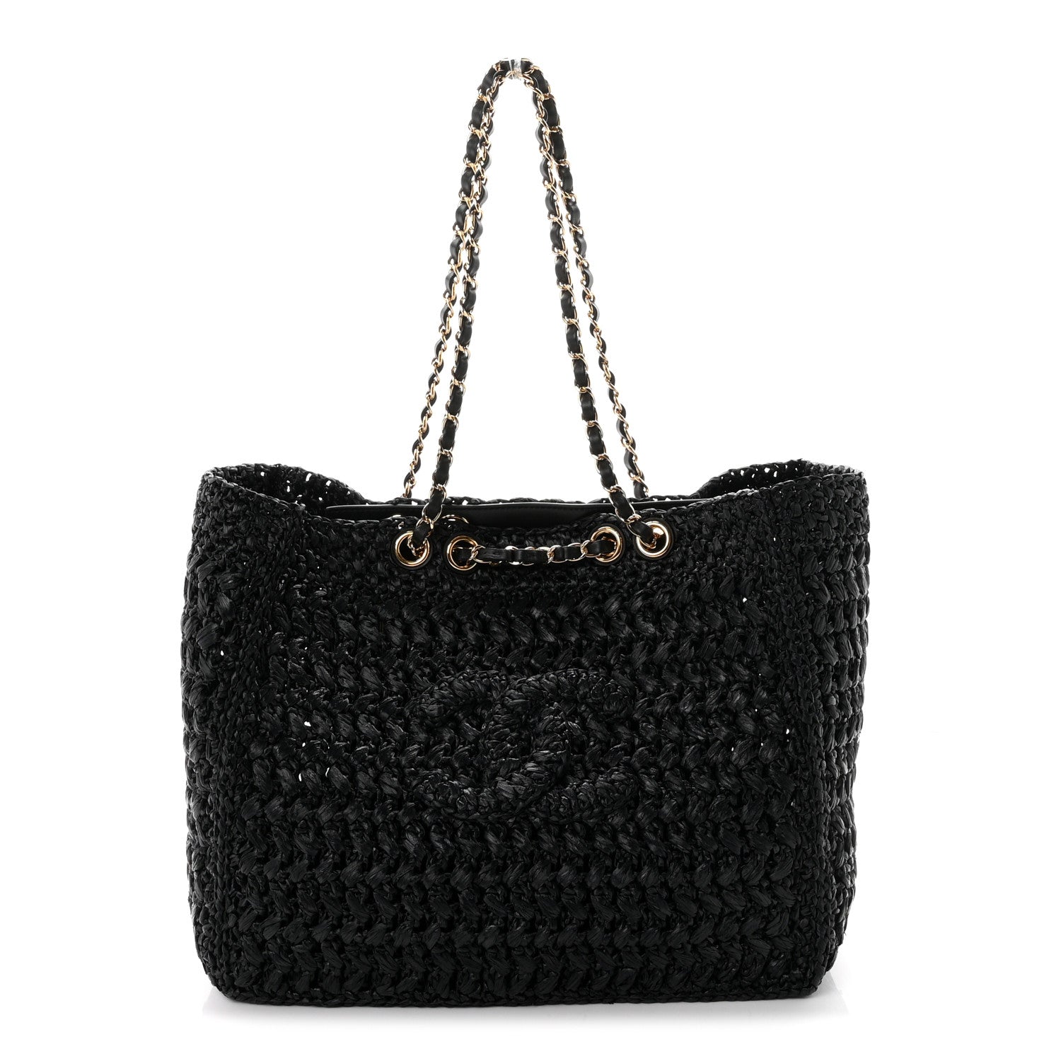 Raffia Effect Calfskin Coco Beach Shopping Tote Black — view 1