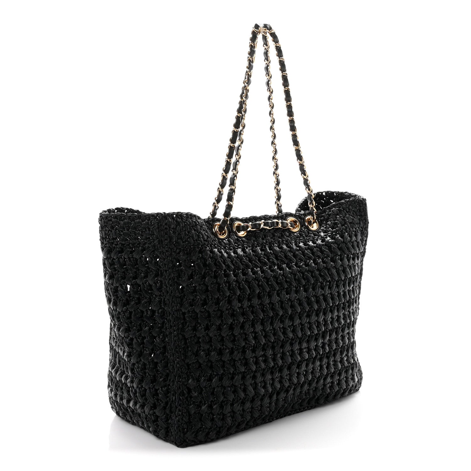 Raffia Effect Calfskin Coco Beach Shopping Tote Black — view 2