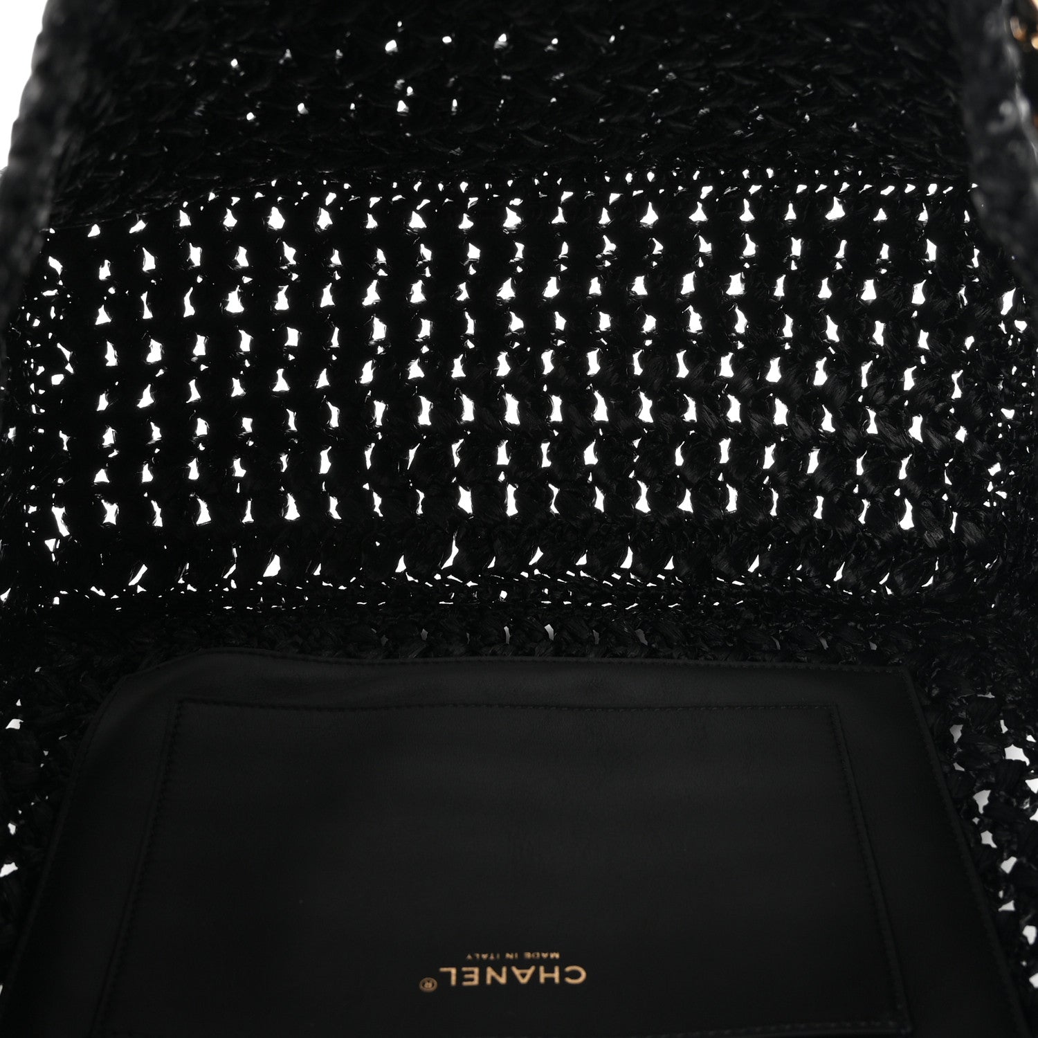 Raffia Effect Calfskin Coco Beach Shopping Tote Black — view 4