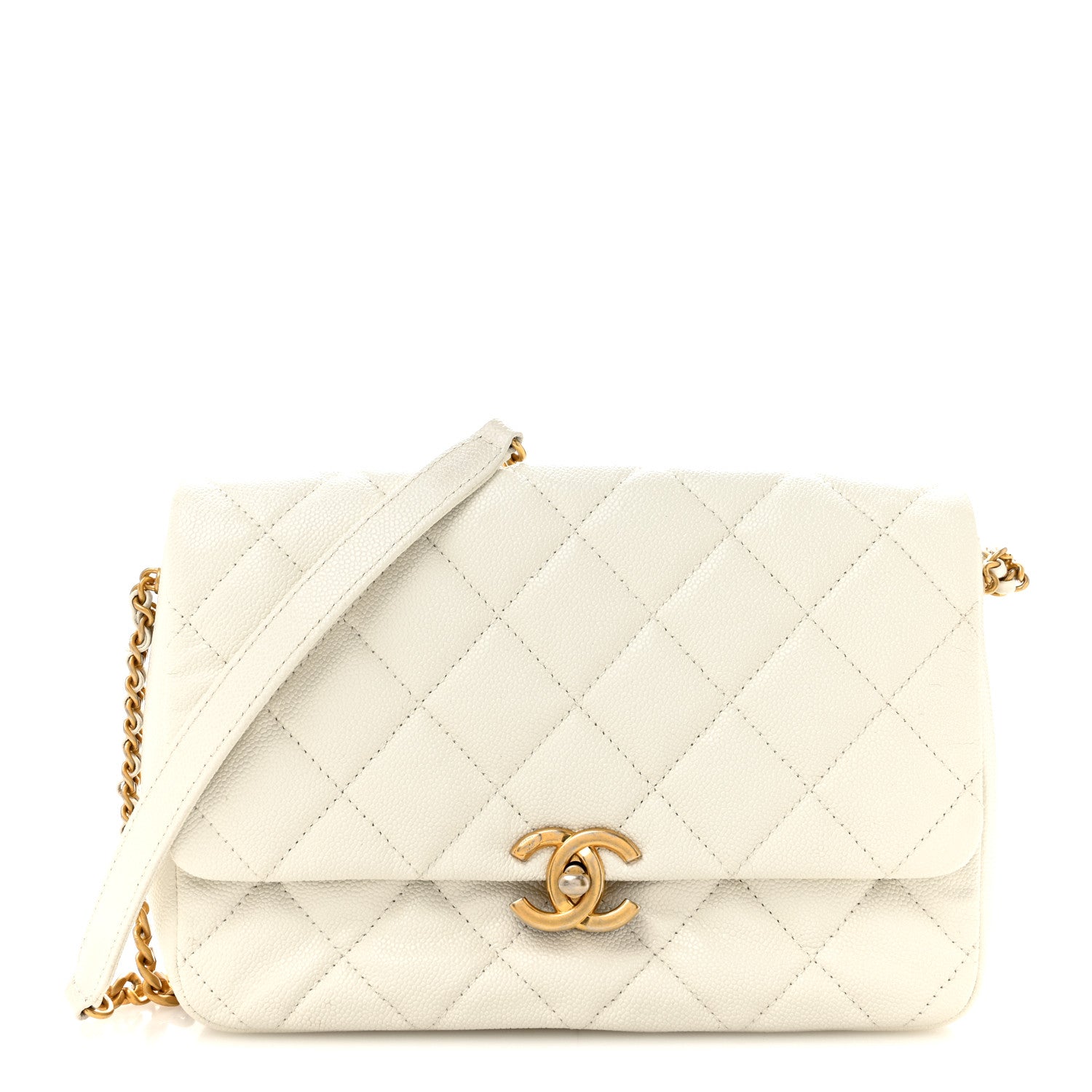 Shiny Caviar Quilted Large Chain Melody Flap White — view 1