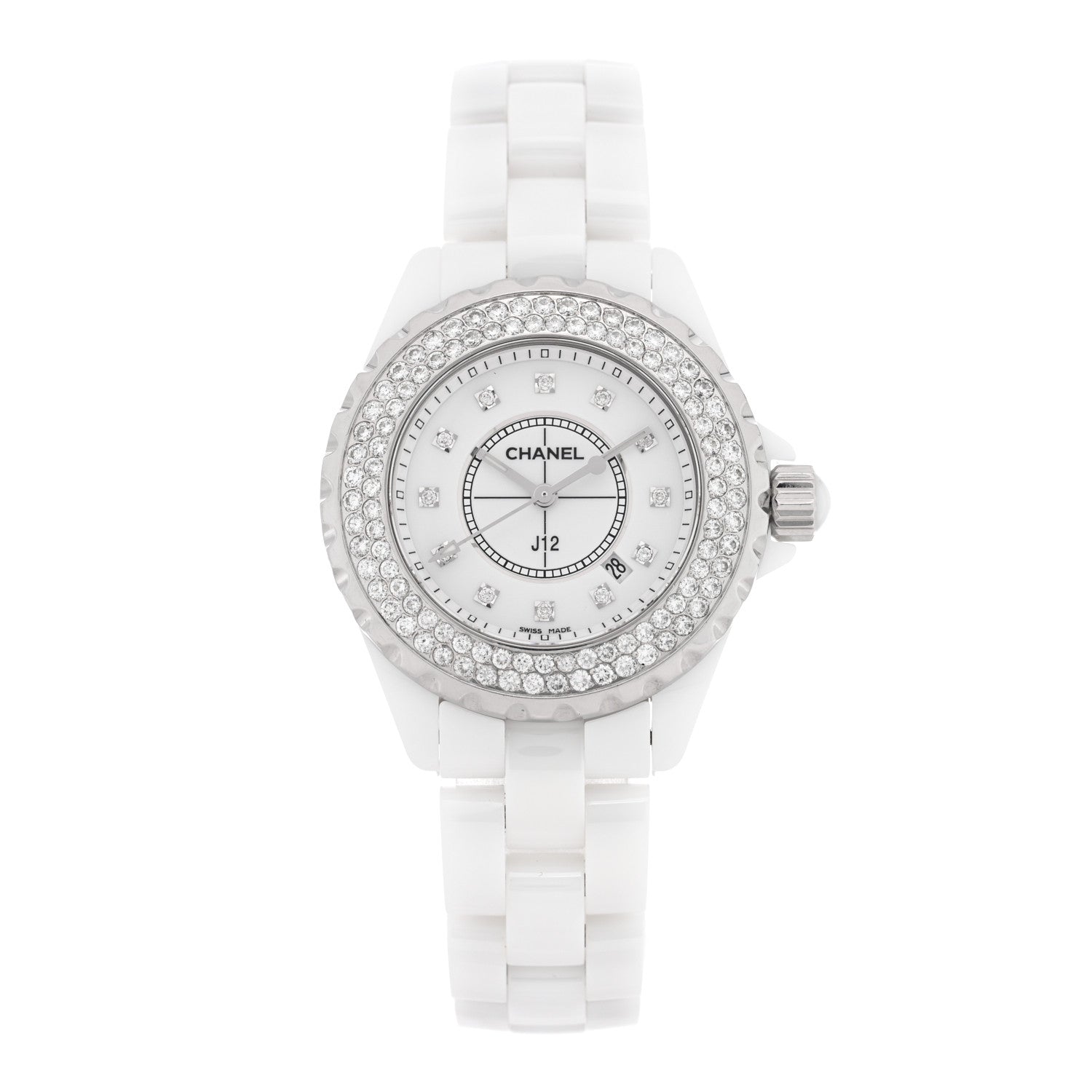 Stainless Steel Ceramic Diamond Pave Bezel 33mm J12 Quartz Watch White