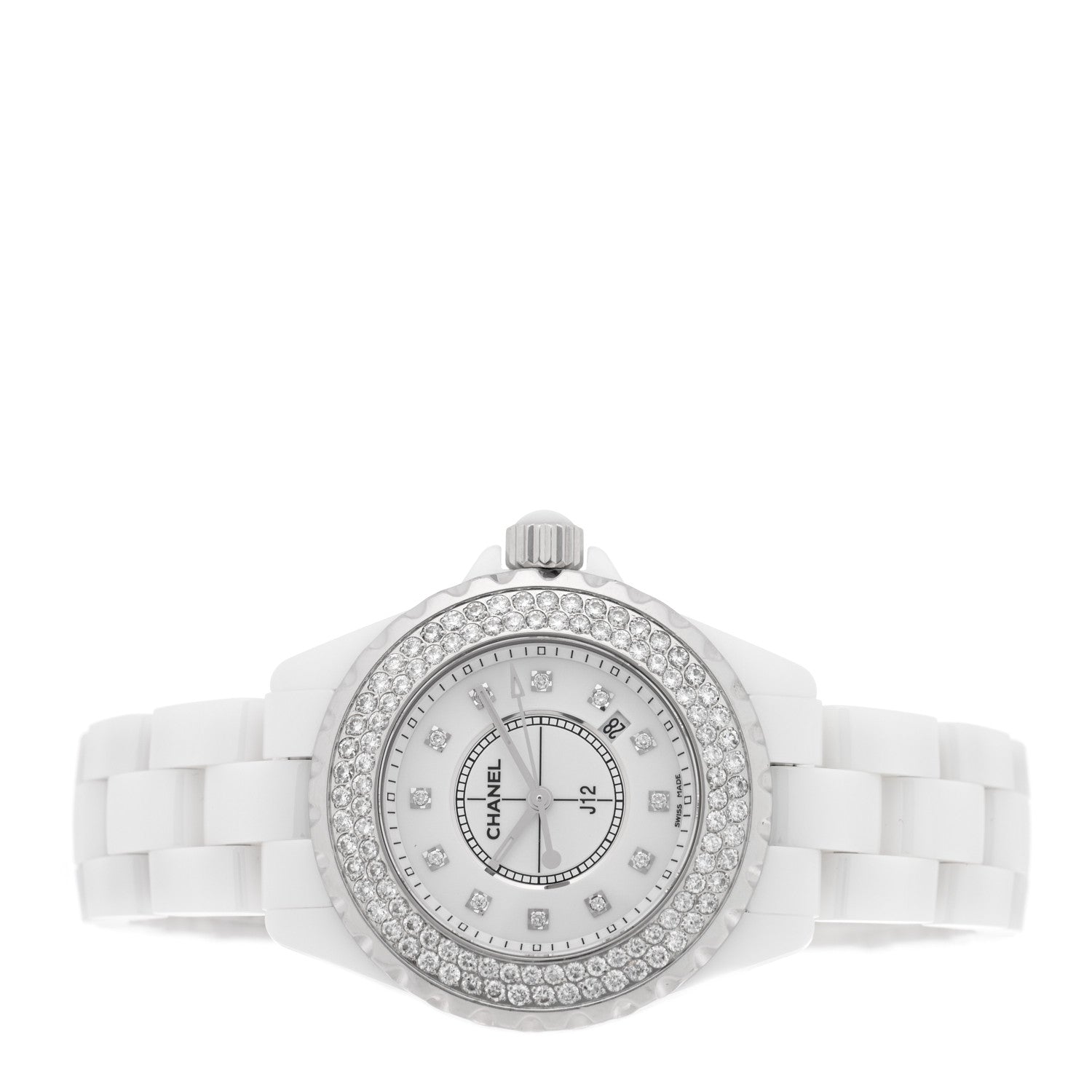 Stainless Steel Ceramic Diamond Pave Bezel 33mm J12 Quartz Watch White — view 2