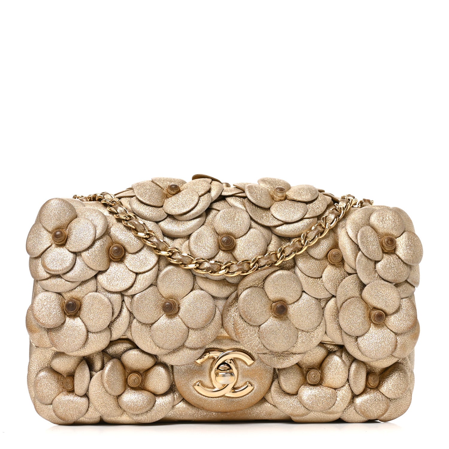 Metallic Lambskin Quilted Mini Camellia Flap Gold — view 1