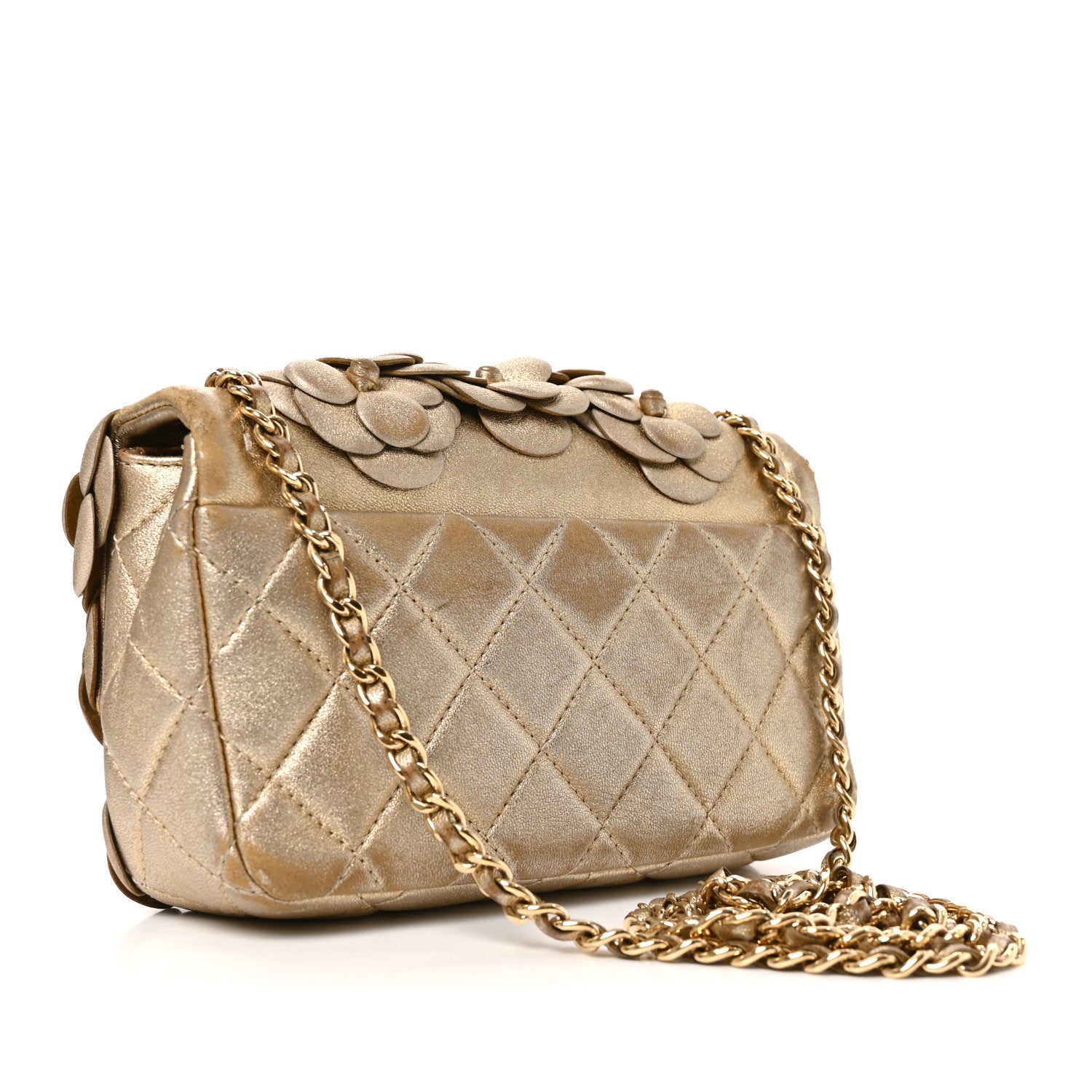 Metallic Lambskin Quilted Mini Camellia Flap Gold — view 3