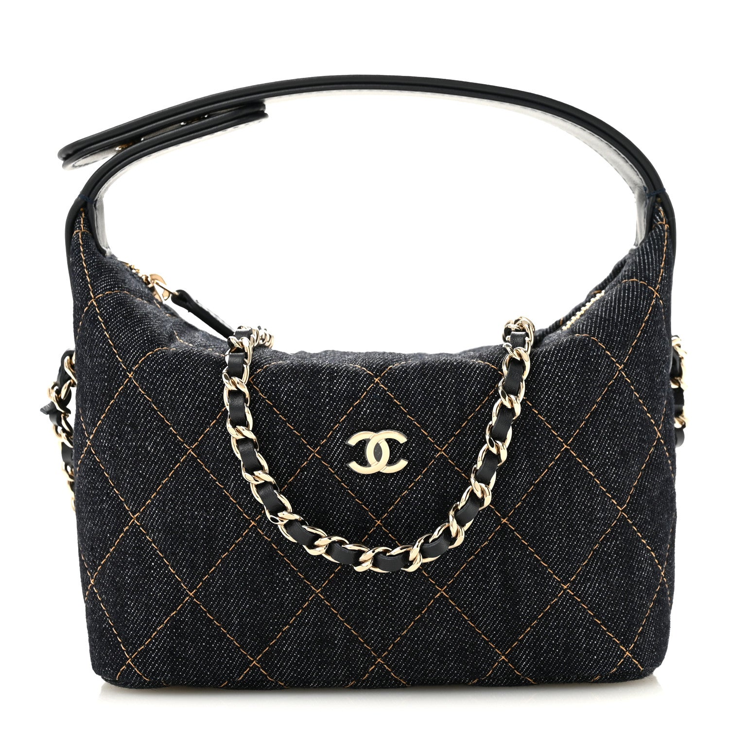 Denim Quilted Hobo Clutch With Chain Dark Blue Orange