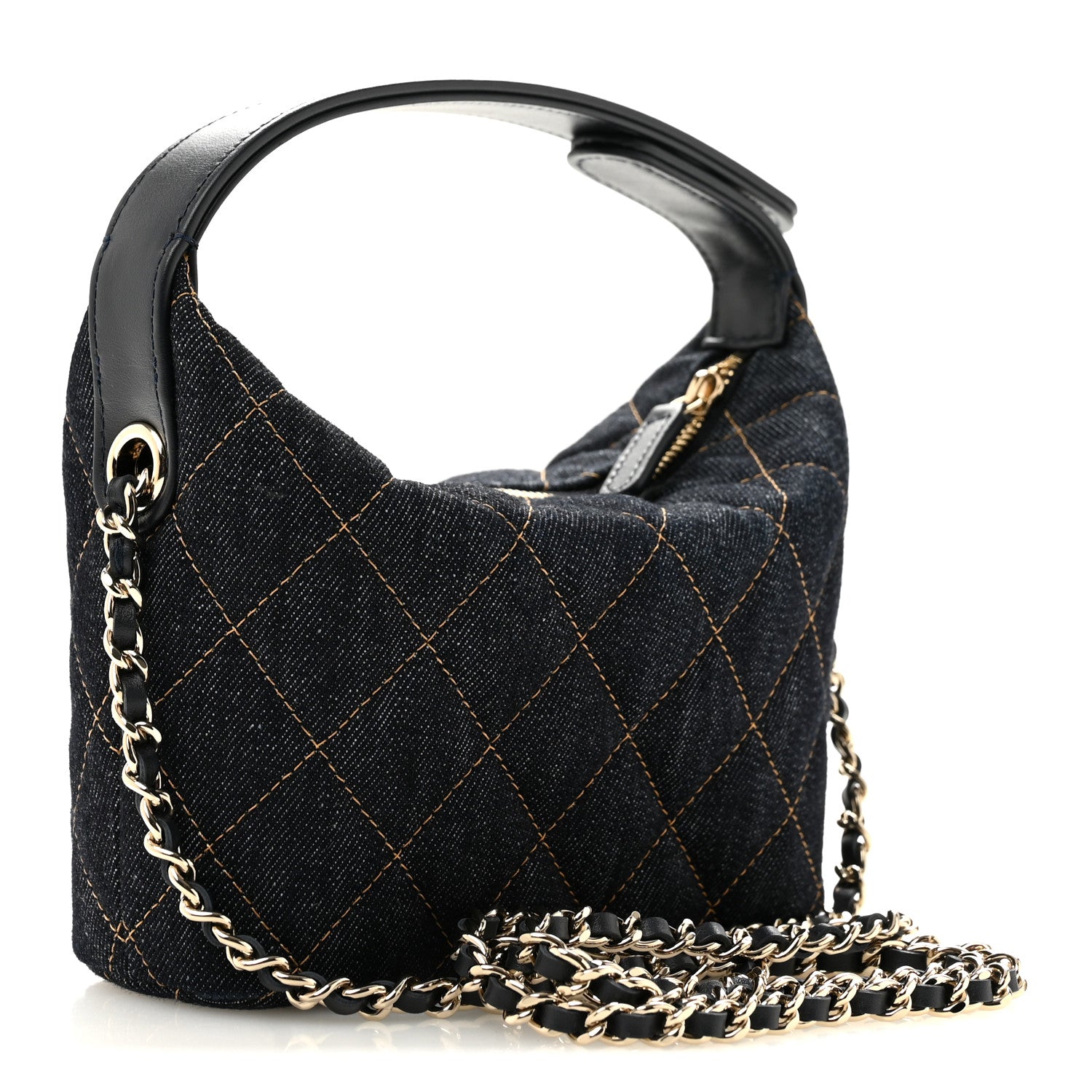 Denim Quilted Hobo Clutch With Chain Dark Blue Orange — view 3