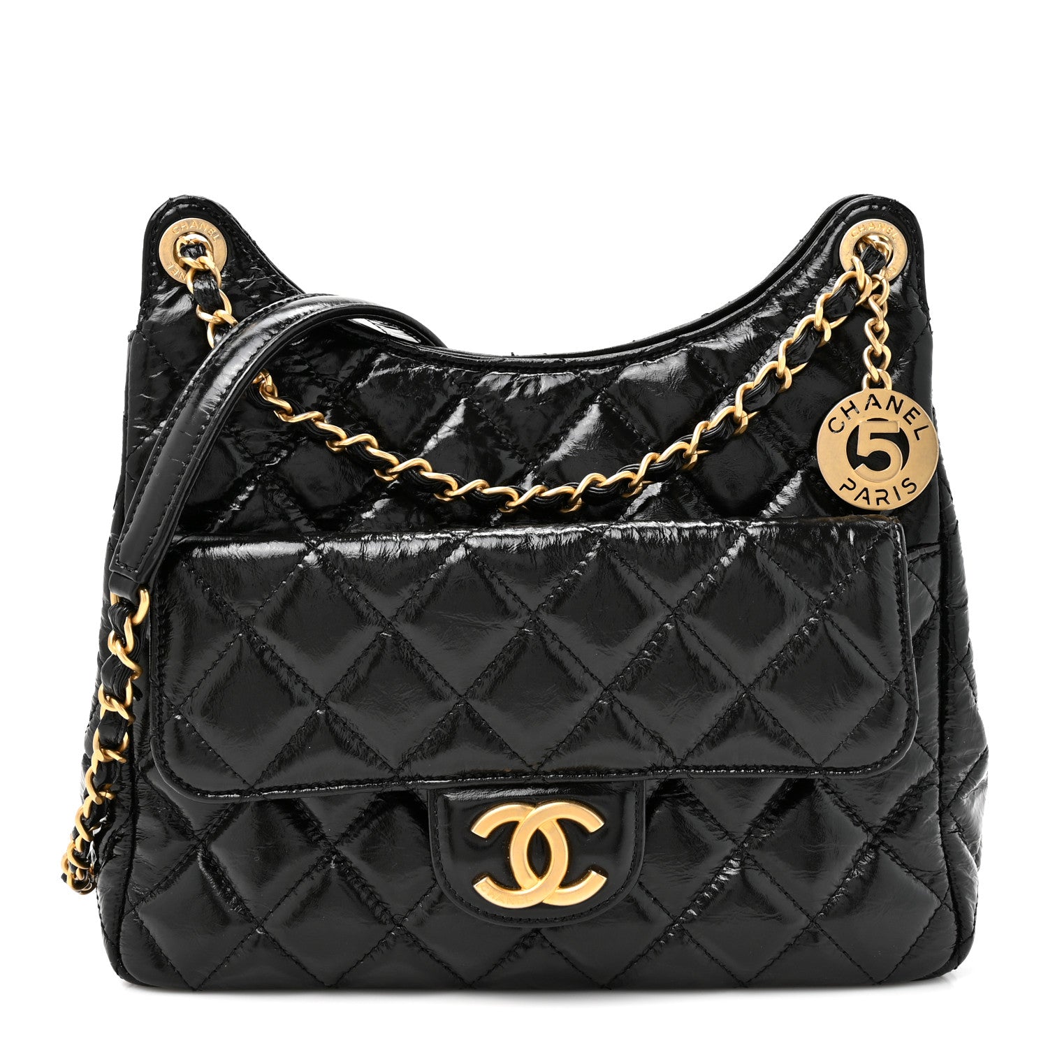 Shiny Crumpled Calfskin Quilted Wavy CC Hobo Black