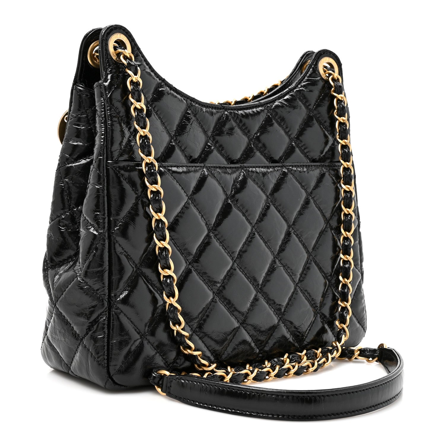 Shiny Crumpled Calfskin Quilted Wavy CC Hobo Black — view 3