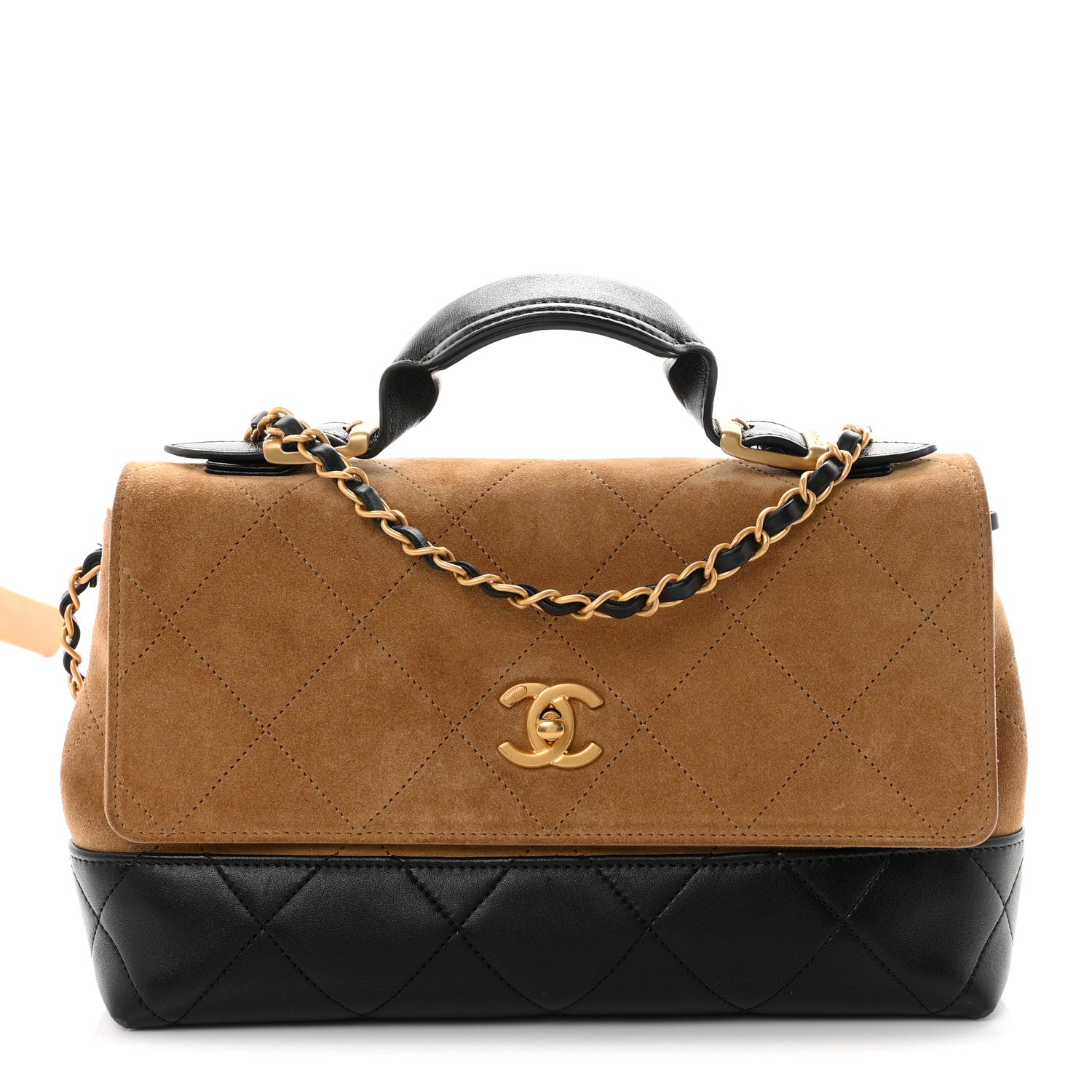 Suede Calfskin Shiny Lambskin Quilted Coco Base Flap Top Handle Bag Beige Black