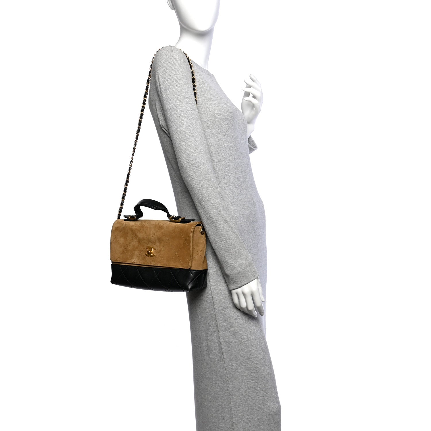 Suede Calfskin Shiny Lambskin Quilted Coco Base Flap Top Handle Bag Beige Black — view 2