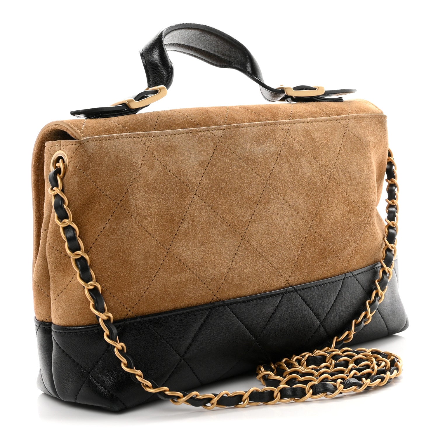 Suede Calfskin Shiny Lambskin Quilted Coco Base Flap Top Handle Bag Beige Black — view 3