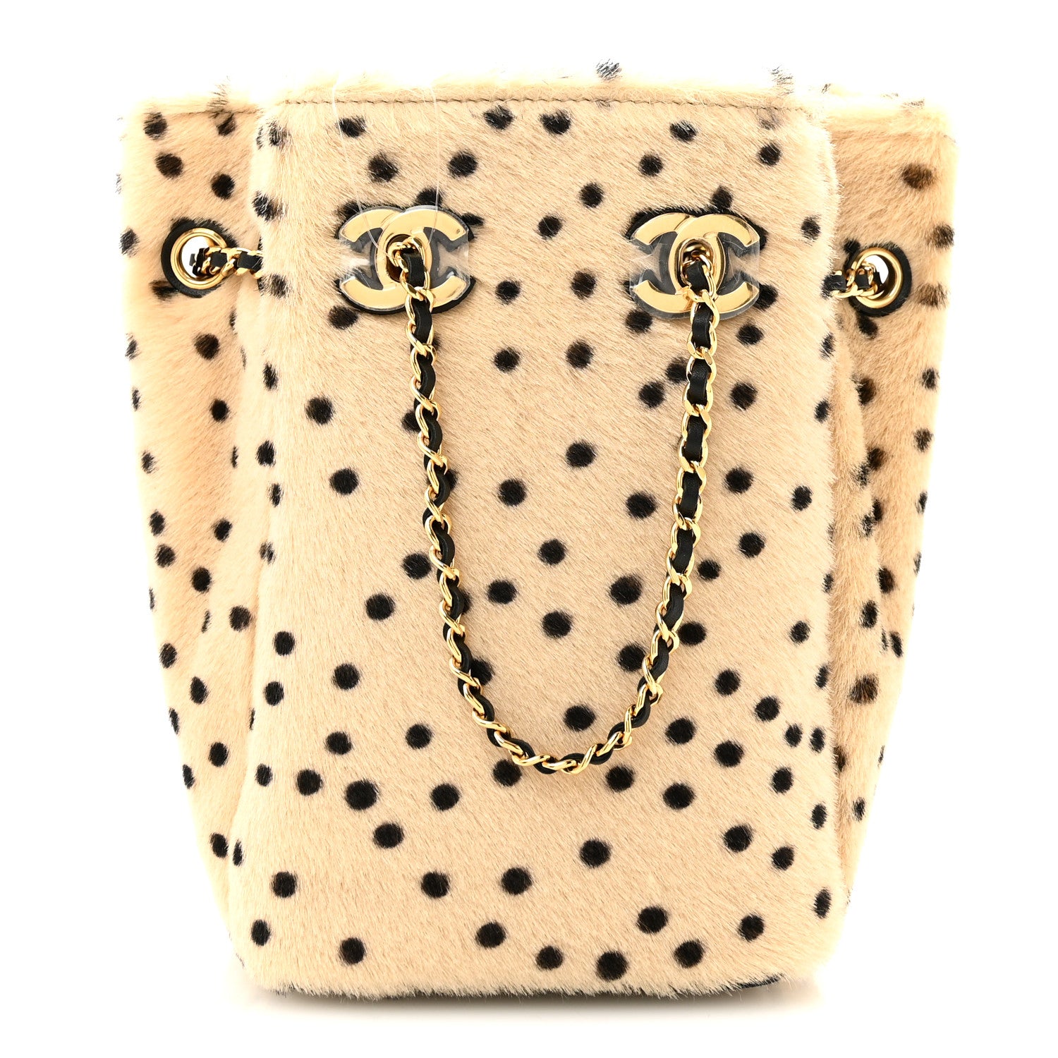 Pony Hair Cheetah Printed CC Chain Bucket Bag Light Beige Black
