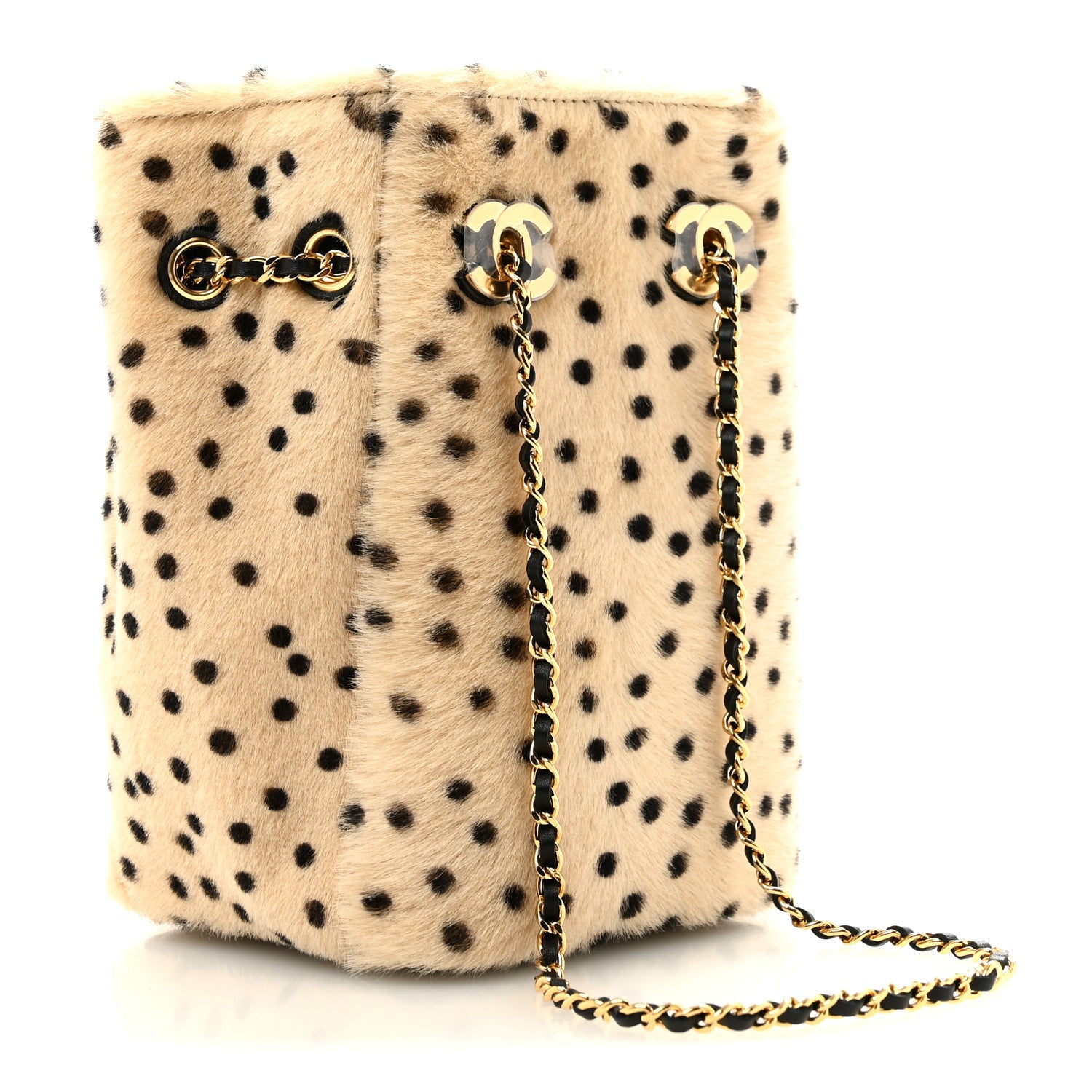 Pony Hair Cheetah Printed CC Chain Bucket Bag Light Beige Black — view 3