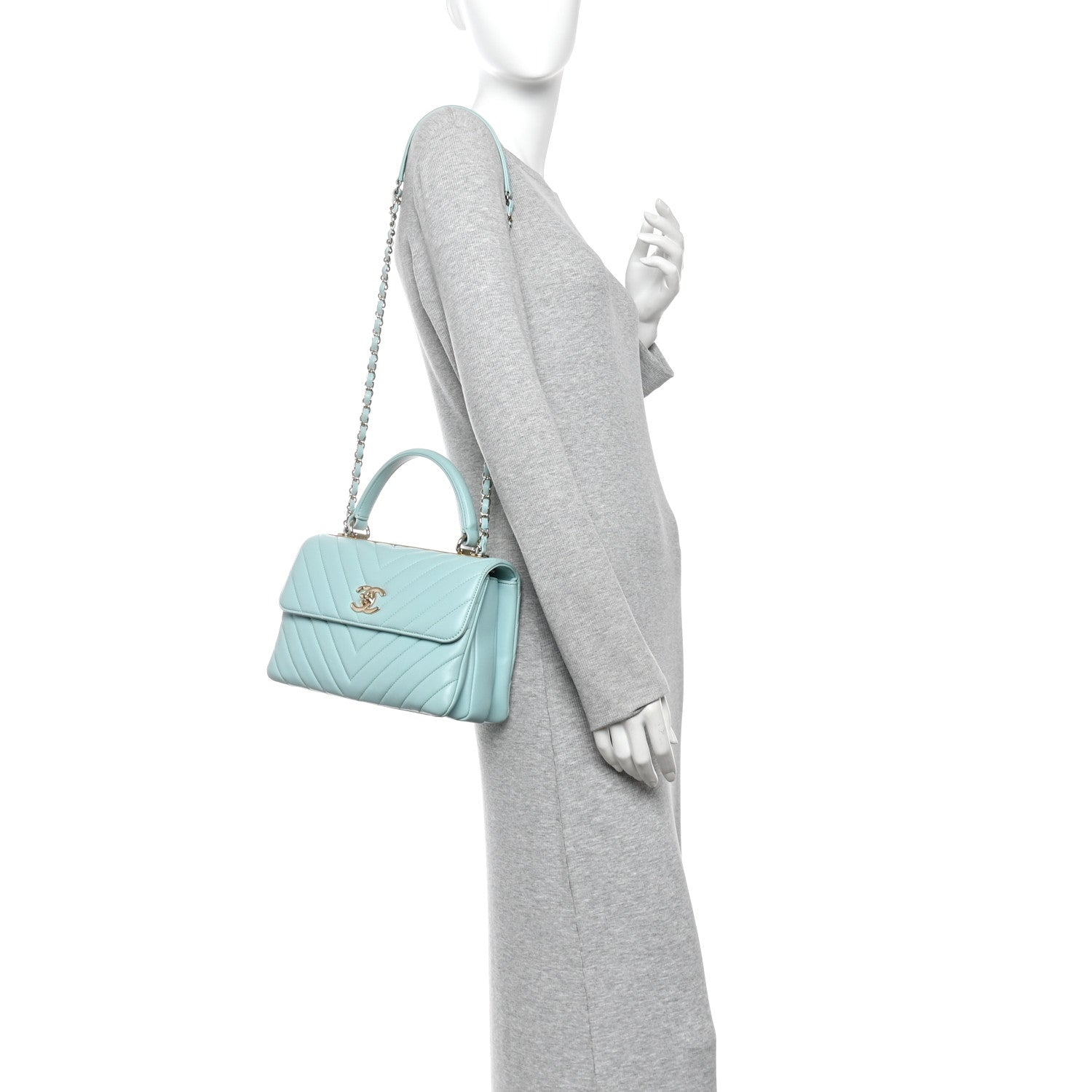 Lambskin Chevron Quilted Small Trendy CC Flap Dual Handle Bag Light Blue — view 2