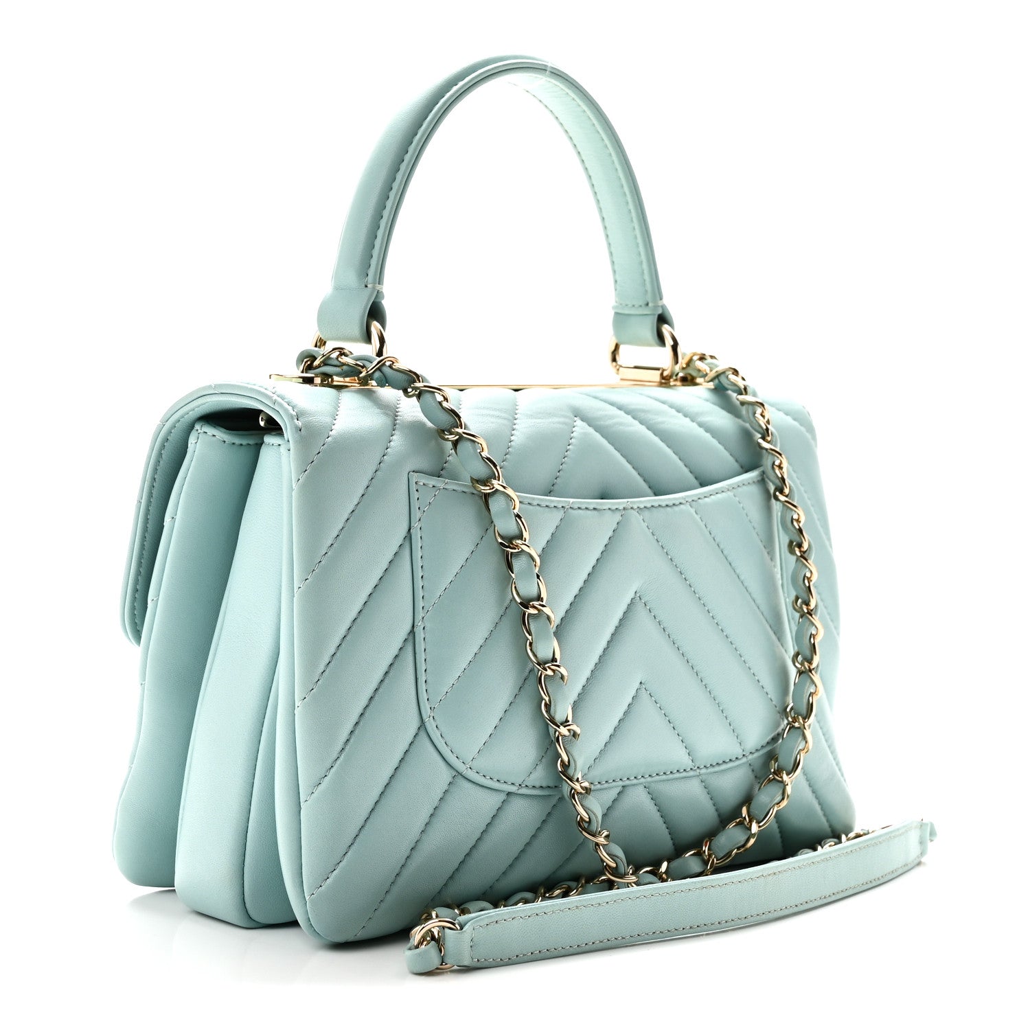 Lambskin Chevron Quilted Small Trendy CC Flap Dual Handle Bag Light Blue — view 3