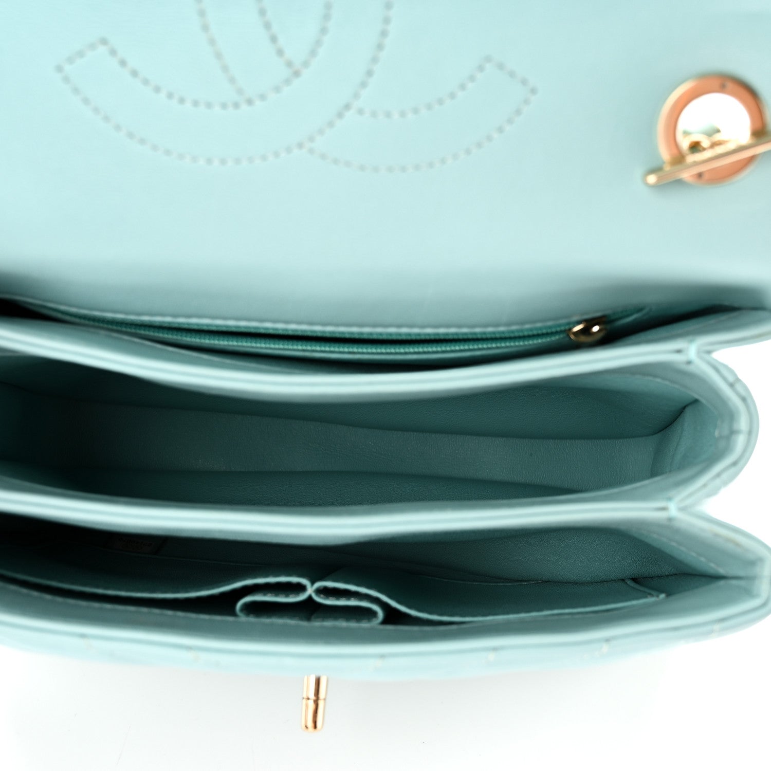 Lambskin Chevron Quilted Small Trendy CC Flap Dual Handle Bag Light Blue — view 5