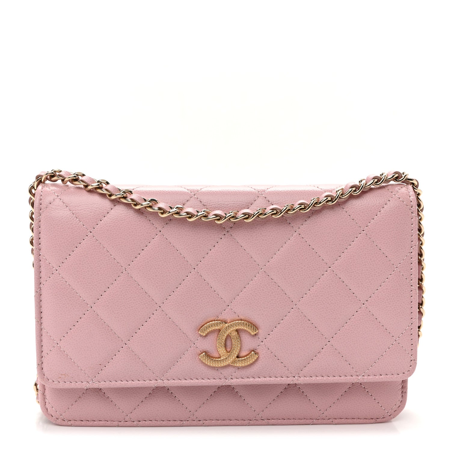 Caviar Quilted Studded CC Wallet on Chain WOC Light Pink