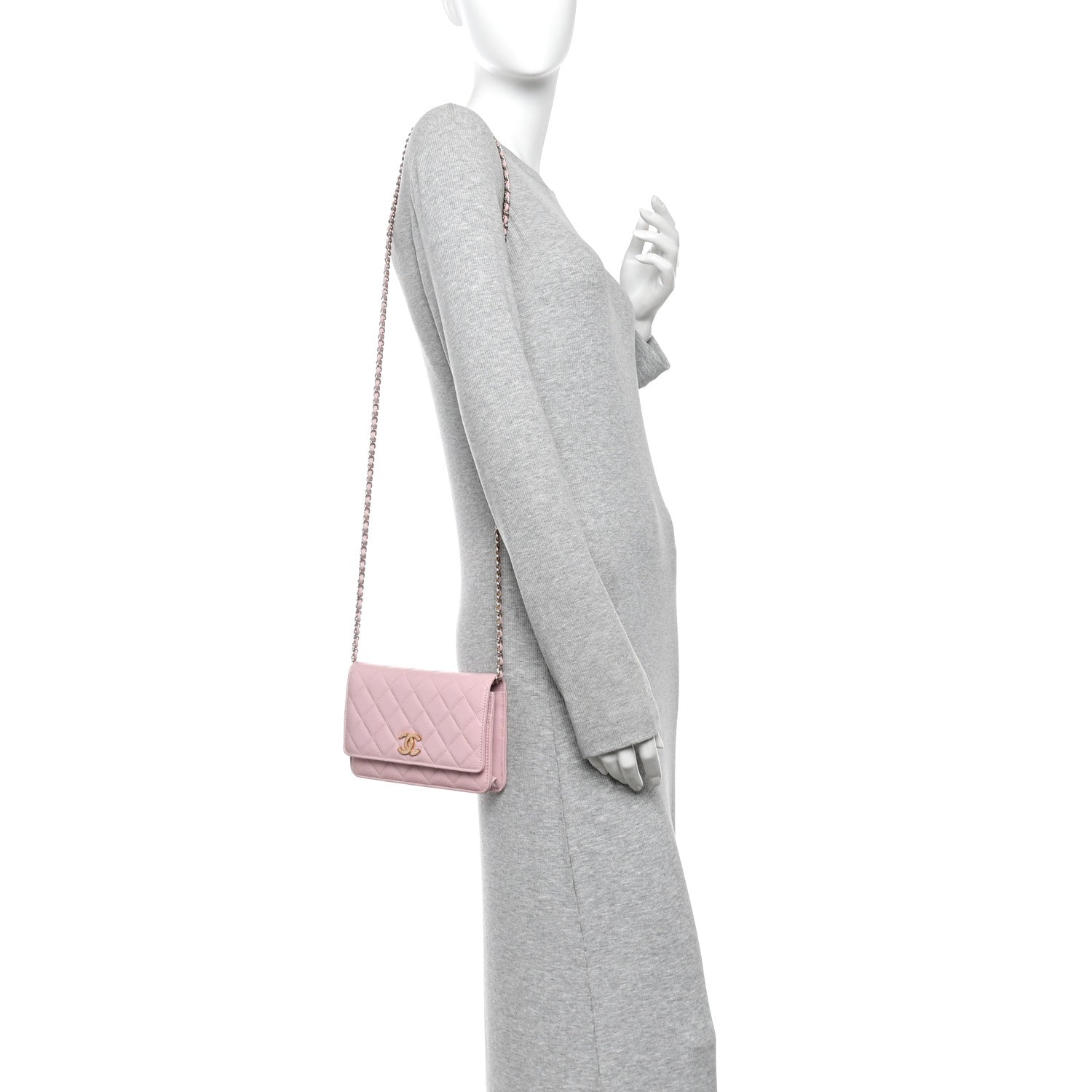 Caviar Quilted Studded CC Wallet on Chain WOC Light Pink — view 2